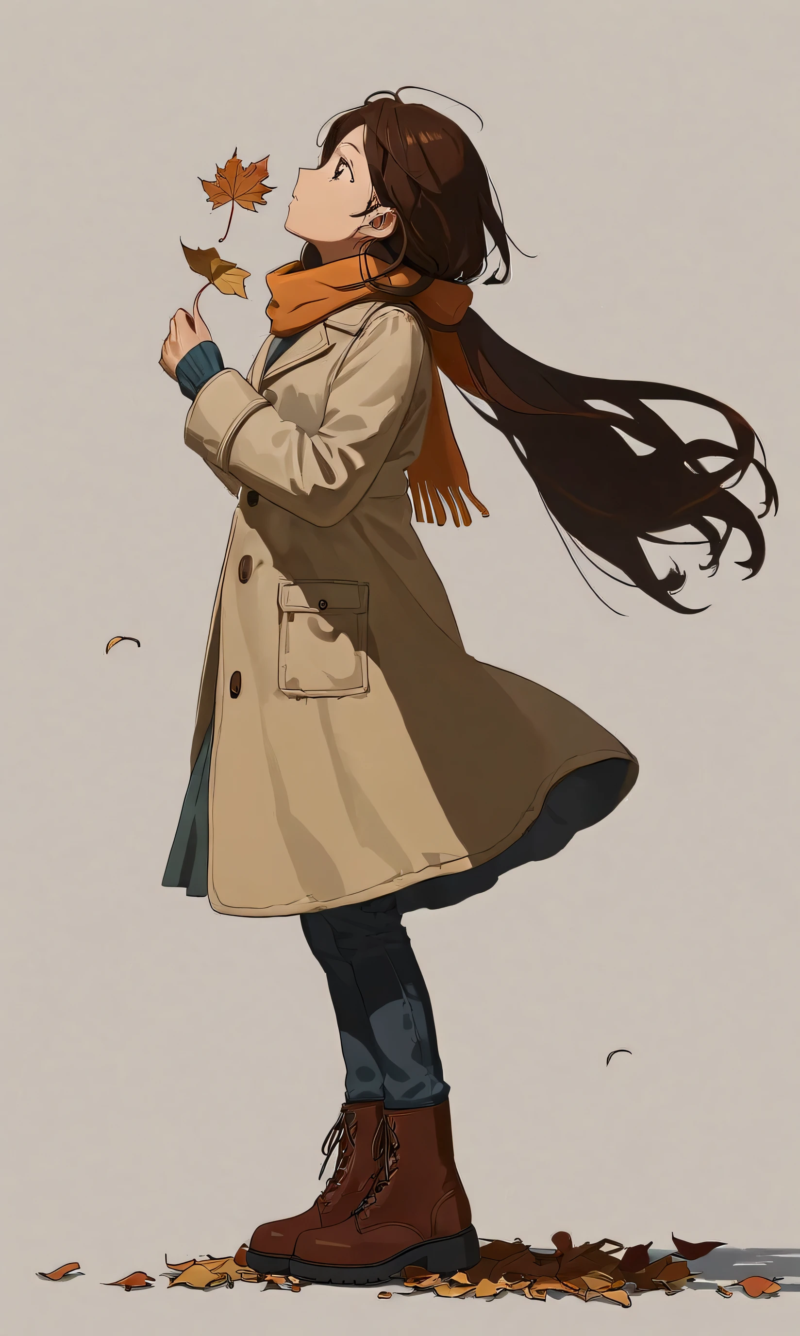 (autumn colored soft layer),(solo),1girl\(long brown hair, cute, autumnal attire, scarf, coat, boots, pinching leaves\(which are shining golden through the sunlight),full body,looking away\\),(from side:1.5), long shot, (simple minimalism white background:1.5), BREAK ,quality\(masterpiece, best quality,8k,wallpaper of extremely detailed CG unit, high resolution, top-quality, top-quality real texture skin, hyper realistic, increase the resolution, RAW photos, best quality, highly detailed, the wallpaper,golden ratio,high saturation realism, vibrant colors, dramatic lighting, persuasive storytelling, atmospheric scenery, captivating visuals, intricate details, strong emotions,dreamlike world\),