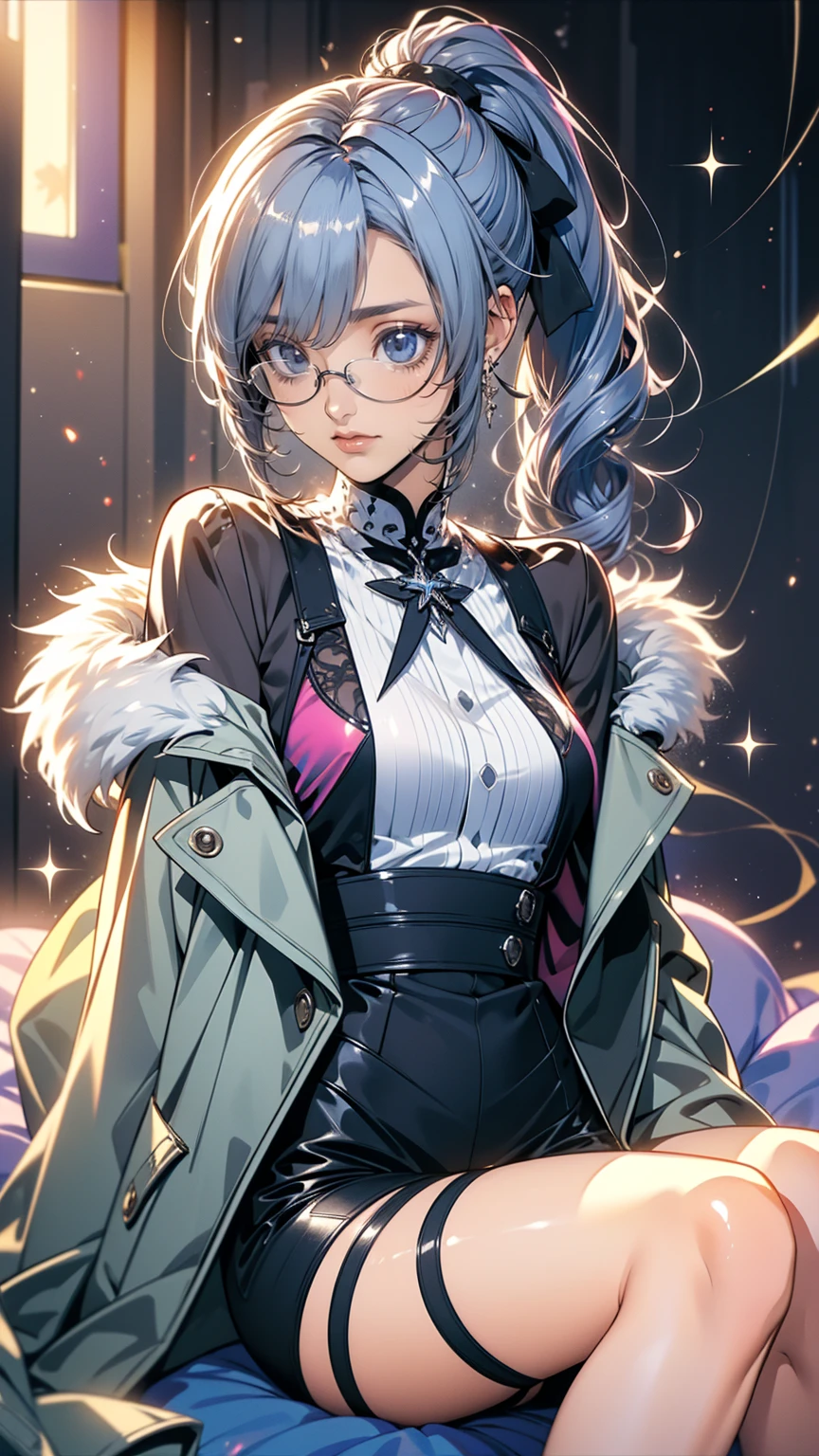  1 girl, Silver Wolf \(Honkai: Star Rail\), Honkai \(series\), black  shorts , Blowing bubbles, Chewing gum, Cross Buns, Drill Hair,  drill ponytail ,  earrings, Eyewear, Microcosm , fur-trimmed  jacket, Fur trim, goggles, Grey Hair, hair ribbon,  high ponytail , hologram,  jacket,  jewelry , Planet, ribbon,  shorts , Single Drill, Sitting, Alone,  thigh strap, tinted glasses, ( best quality:1.2), ( Is Extremely Beautiful :1.2), (Absurd:1.2), (safe:1.2), (  detail background ), maximum detailed eye, up to date,  complicated details, employment. repair,Beautiful Face,Special_eye,hologrameffect,Add XL,perfecteye
