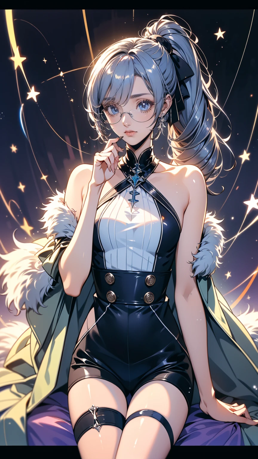  1 girl, Silver Wolf \(Honkai: Star Rail\), Honkai \(series\), black  shorts , Blowing bubbles, Chewing gum, Cross Buns, Drill Hair,  drill ponytail ,  earrings, Eyewear, Microcosm , fur-trimmed  jacket, Fur trim, goggles, Grey Hair, hair ribbon,  high ponytail , hologram,  jacket,  jewelry , Planet, ribbon,  shorts , Single Drill, Sitting, Alone,  thigh strap, tinted glasses, ( best quality:1.2), ( Is Extremely Beautiful :1.2), (Absurd:1.2), (safe:1.2), (  detail background ), maximum detailed eye, up to date,  complicated details, employment. repair,Beautiful Face,Special_eye,hologrameffect,Add XL,perfecteye
