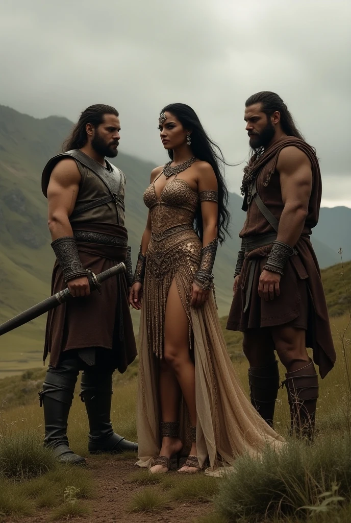 several beautiful women in caveman costumes with a spear in their hands, ultra detailed, highly realistic, cinematic lighting, 8k, photorealistic, chiaroscuro, dramatic pose, muscular build, robust features, intense expression, leather and skin textures, rough skin, intricate details, earth tones, dramatic shadows, dramatic highlights, volumetric lighting, cinematic compositing