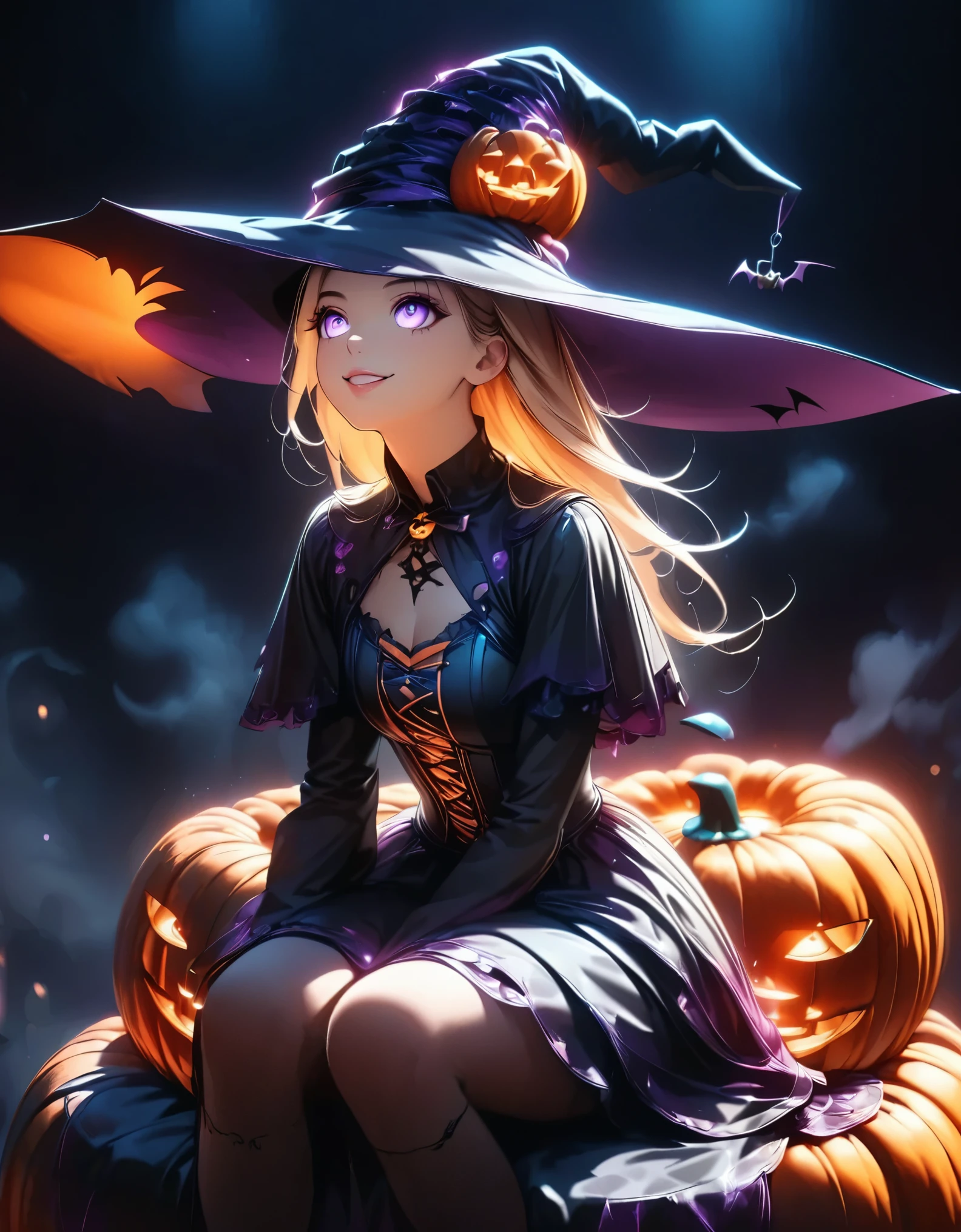 Halloween Witch,  beautiful gothic witch , ((Detailed face:1.1, Detailed eyes,  Beautiful Detailed Lips , Beautiful Skin)), Long blonde hair, Bright smile, Looking up, Witch Hat,  black gothic dress ,  neon color magic effect:1.2,  mystical aura of magic , Dark moody lighting, dramatic fog , (( Halloween pumpkin object , Sit on an object :1.6)), Dark forest background, (Best Quality:1.2,  very detailed,  super high definition,  high contrast , masterpiece:1.2, Best aesthetics),  dark fantasy art , Cinematic lighting, Dramatic Shadows,  moody color palette , orange and purple tones