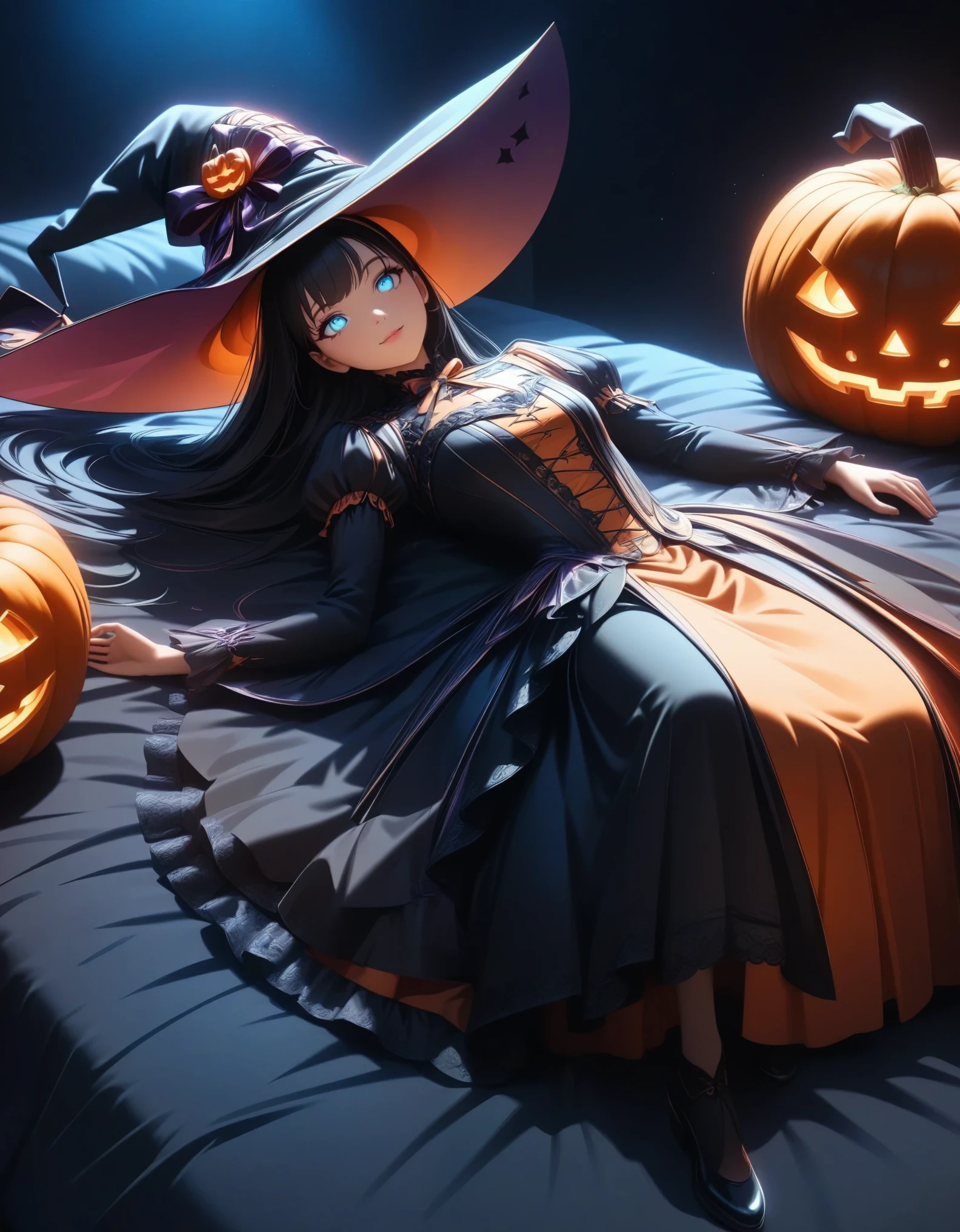 Halloween pumpkin patch, ( 1 girl), Detailed face and body, beautiful detailed eyes, Beautiful Detailed Lips , very detailedな目と顔, long eyelashes), Black Hair, long straight hair, smile, (( intricate costume with lace and ribbon , Witch Hat, Magic effect on all fours, gothic victorian style , Glowing Costumes:1.2)), (((Lie on your back:1.4, Full body view, Lying sideways on the bed :1.2))), Dramatic Moody Lighting, dark color, Chiaroscuro, Cinematic composition, beautiful witch in anime style , (Best Quality:1.2, very detailed, Latest, Vibrant, super high definition, high contrast , masterpiece:1.2, Best Quality, Best aesthetics),