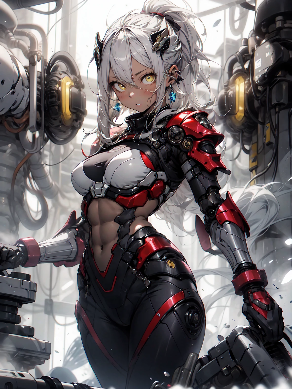 Be realistic、（masterpiece、Best Quality、Best Quality、 very detailed、 fractal art 、Most detailed、（The background is abstract：1.5）（1 person）、Kamimei、（Yellow hair ponytail）、（Yellow eyes glow、Big Breasts、 tight abs、Stunned）、 crystal 、Black Bikini、Sexy、Machine Armor、 tanned skin、（Plug Suit）、Big scar、Cold look