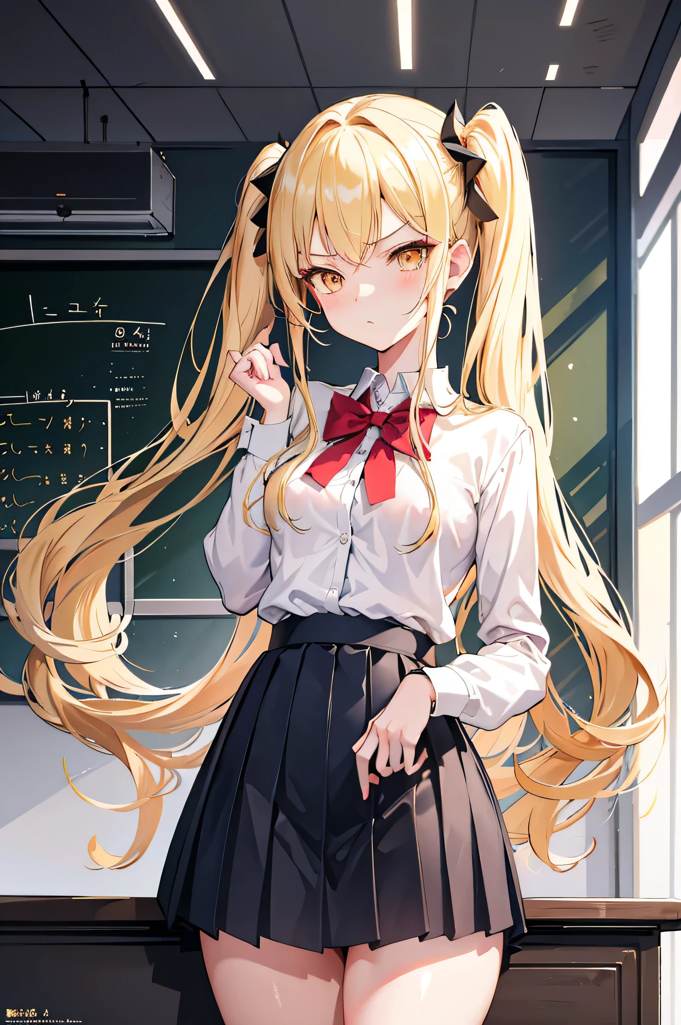 1girl, solo, makeup, long blonde hair, red eyes, black skirt, cute, white shirt, choker, classroom background