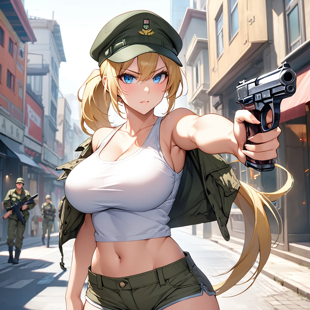 EriDef,blonde hair, ,gloves,long hair, large breast, lipstick, red lips, large breasts, ear piercing, long hair, blush, lipstick,Hot girl, baddie, staring, glaring, bad attitude, mean girl, dare, angry, hate, crazy, smoking, sensual, attractive , masterpiece, best quality, ((unbuttoned , cleavage, necklace, earrings, sexy body, breasts)) , micro skirt, smiling, navel , exposed belly, exposed navel,school,knot, classroom , holding a gun, hold a gun,holding pistol