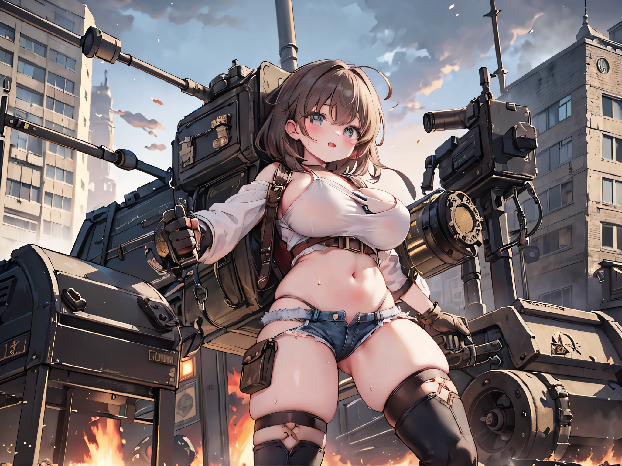 ((4K, masterpiece, Highest quality)), cute,brown short hair,messy hair,red eyes,Lens flare,((thick thigh,huge breasts:1.4)),1girl,solo,double buns,(steampunk:1.3),(thigh high boots,denim hot pants,white tank top:1.2),(sweat:1.3),(wet:1.2),(goggles:1.2),erect nipples,((mechanic:1.2)),((heavy equipment, Mechanical backpack:1.3)),smile,:)((operating a mechanical arms,carrying a cannon)),dynamic pose,Adeptus Mechanicus