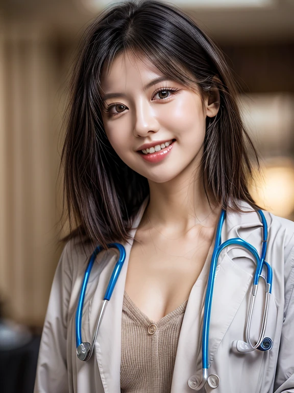 (Full body), A beautiful female doctor, Russian Beauty, (1girl, solo, 23yo)、stunning、doctors white coat, Collared shirt、(top-quality、8K、32K、​masterpiece)、ultra high resolution, Raw photography, Beautiful hair, ((Doctor Style)), Black tight skirt、 Natural makeup, medium perky breasts、inside hospital, Detailed background, Perfect Lighting, depth of fields, Beautiful shadow gradient, stethoscope, Realism, Photo realistic, Masterpiece, high quality, (eyes to camera, smile warmly), (front shot), 8k