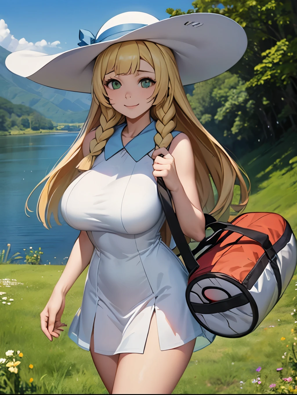 Perfect CG unity 8K UHD wallpaper, Perfect CG unity 8K UHD wallpaper, (masterpiece, best quality, ultra detailed, beautiful illustration), depth of field, looking at viewer, beautiful detailed eyes, 1girl, cowboy shot, dynamic pose, dynamic angle, (huge breasts), lillie \(pokemon\), sun hat, blue ribbon, blonde hair, long hair, twin braids, blunt bangs, green eyes, bare arms, sleeveless dress, collared dress, sun dress, short dress, duffel bag, poke ball theme, smile, (outdoors:1.5, grassland, distant lake), thighs