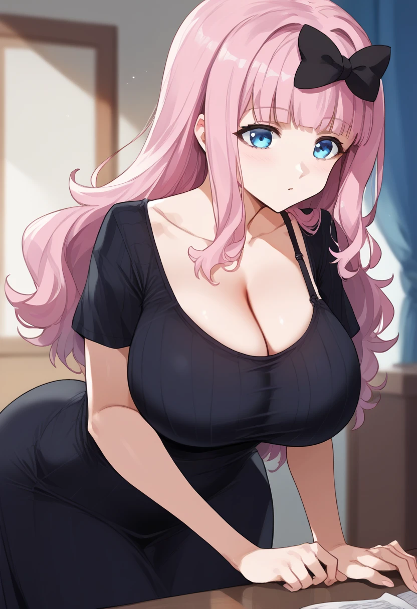 score_9, score_6_up, source_anime, 1girl, alone, , cowboy shot, chika, blue eyes, pink hair, hair bow, black bow,, ((huge breasts:1.5、huge boobs that push up clothes ))、black camisole simple dress on round neck short sleeve grey ribbed t-shirt、Are standing、From the side、 upper body、