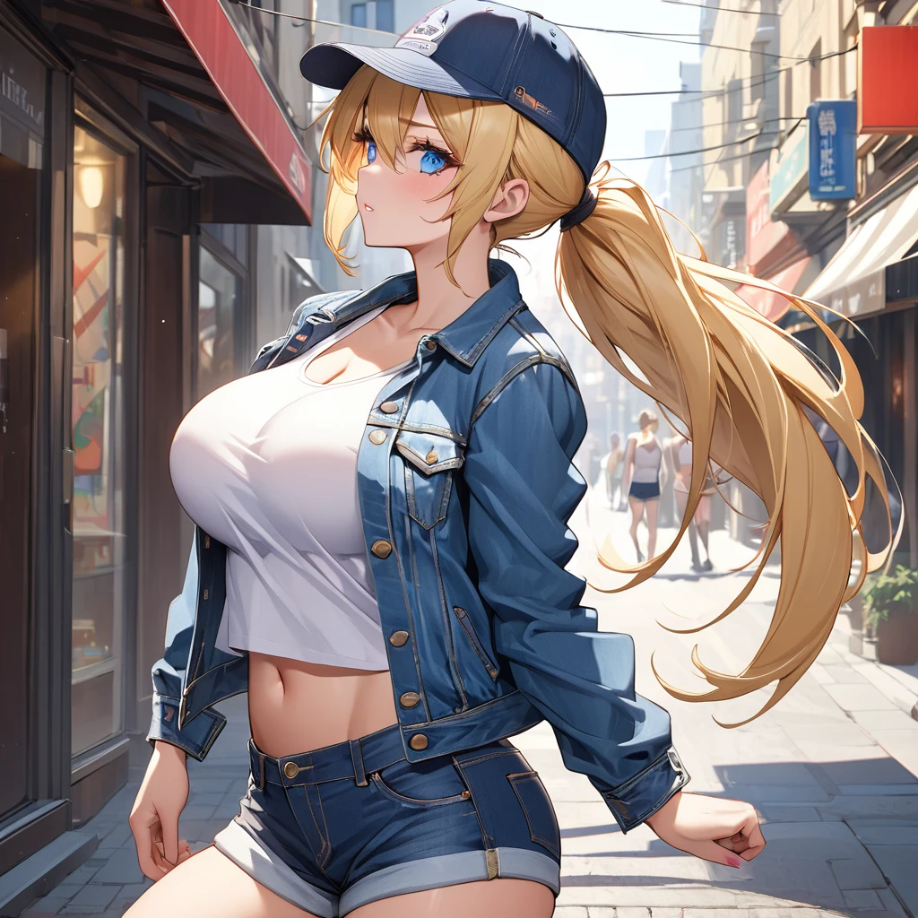 a hot girl in down town,white tank top and hotpants and denim jacket,blonde low long ponytail with a cap,big breasts,blue eye,ribellous face