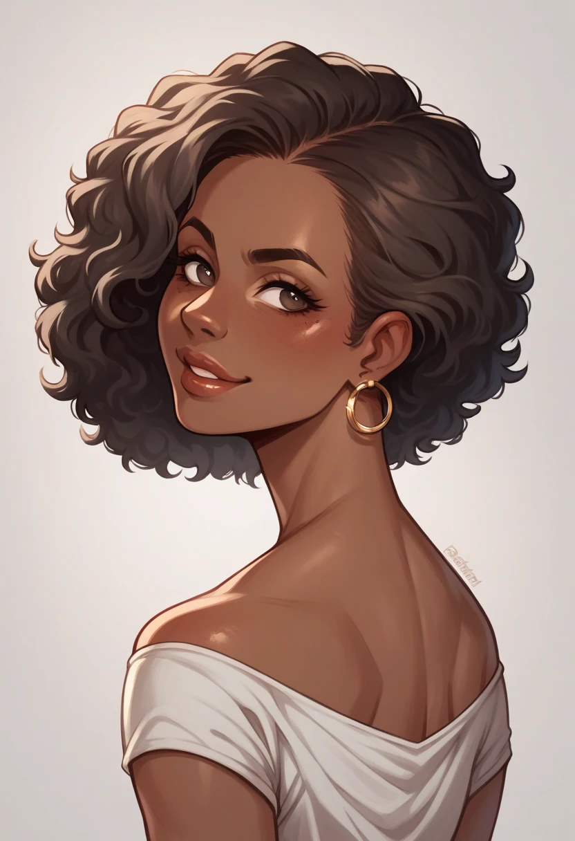 Almond-eyed Dark Mocha-skin tonned African-American woman with SHORT dark curly hair, juicy lips, and a large chest. She is bent over with her Bust and face Close-Up. She has  an Apologetic smile  on her face while her hands on  the back of her head