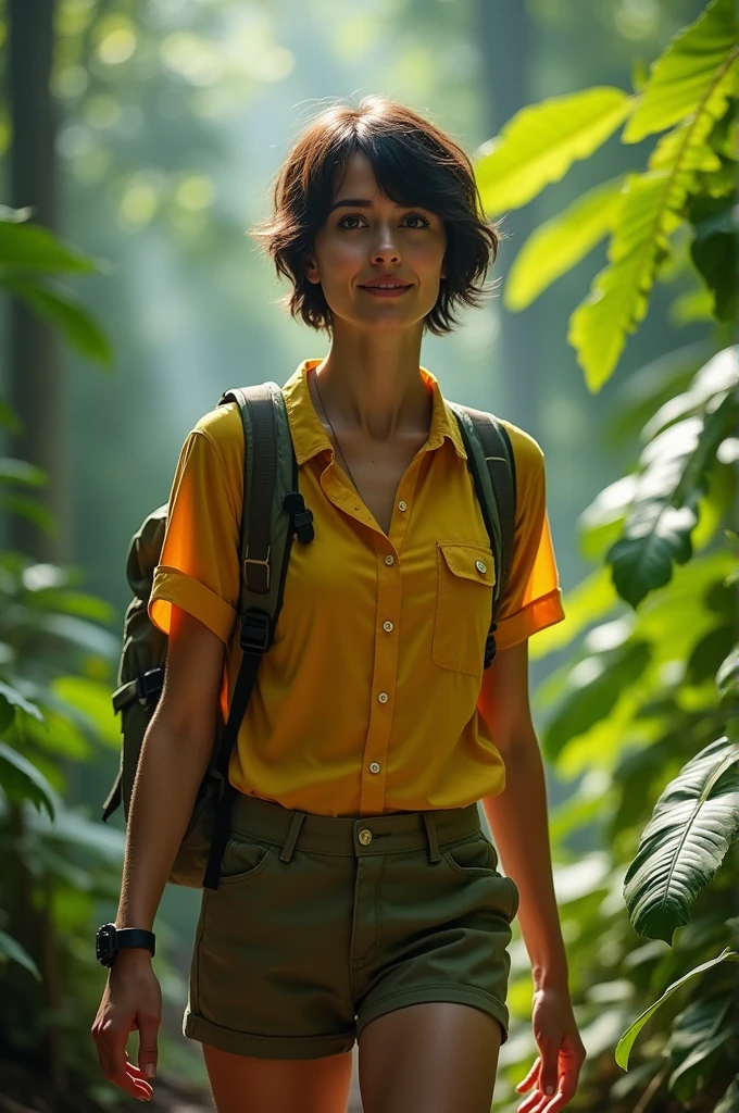 Alison Brie, Lush rainforest expedition,25yo woman,very short brunette hair,yellow hiking button down shirt, wetshirt, micro shorts, khaki shorts, backpack, dense rainforest,midday,ultra detailed face and eyes, 8k,adventurous trek,green foliage,natural explorer,high-quality jungle scene,vibrant ecosystem,high-definition,exotic,serene nature,clear lighting,wild and untouched,adventurous,refreshing.,cinematic film still of masterpiece,Hyperrealistic, cinematic film still photography