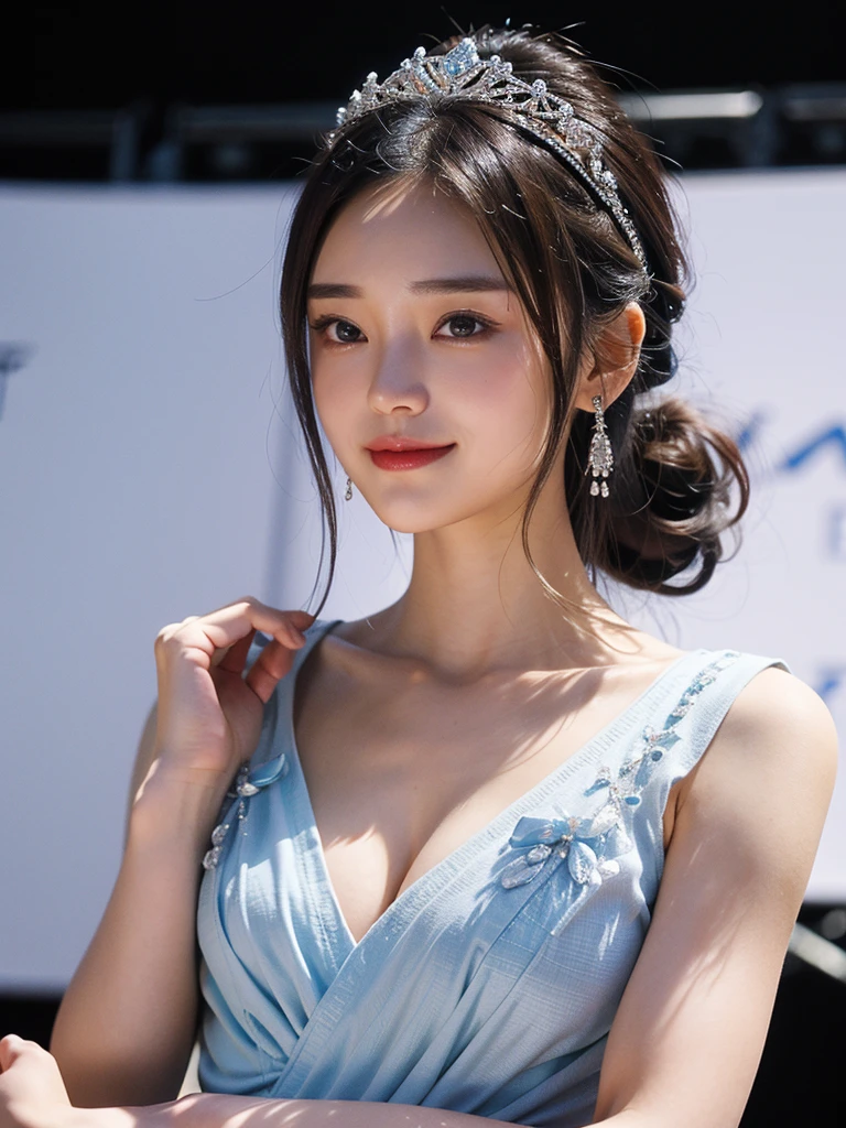 White Background、Professional Lighting、(((Professional Lighting 1.5)))、Translucent skin texture、Beautiful Skin、Beautiful Skin、、(((Whitening 1.5)))、、、音符のEcstasy、((Blue floral dress 1.5))、Open your chest wide 1.4、Very good、Mid-shot photo、Simple Earrings、((Brown Hair))、Tie your hair、Sex Appeal、Sex Appeal、Ecstasy、(((Mid-shot photo1.5))、(((1.85)))