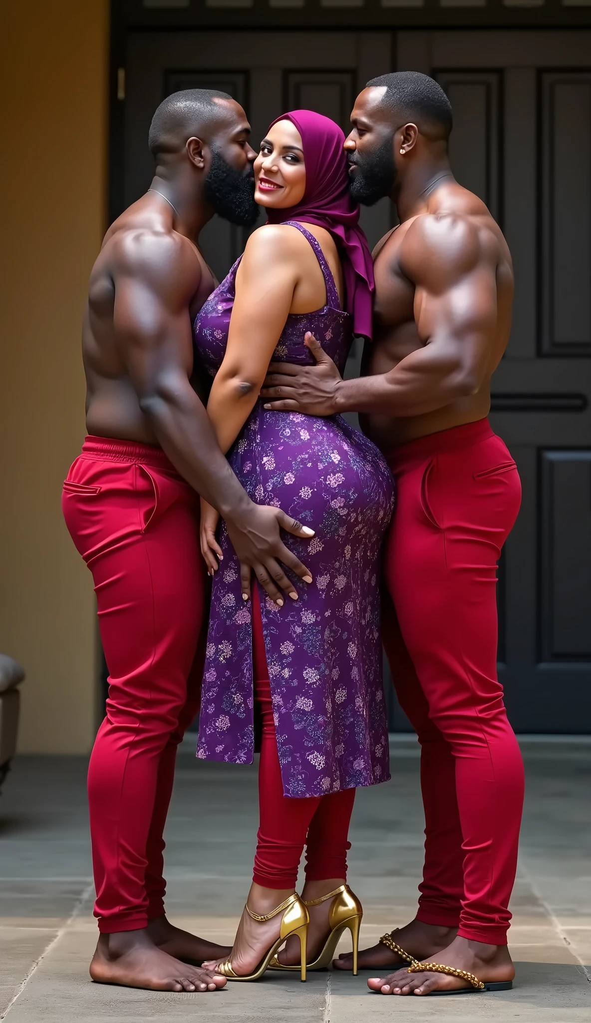 In a beautiful bright African village, under the moonlit night sky, a beautiful busty curvy Igbo girl dressed in native short Ankara skirt, and bra, kissing a fit sexy shirtless igbo man with Ankara shorts while he put his hand inside her skirt. Make it photoreal and 3D rendered.