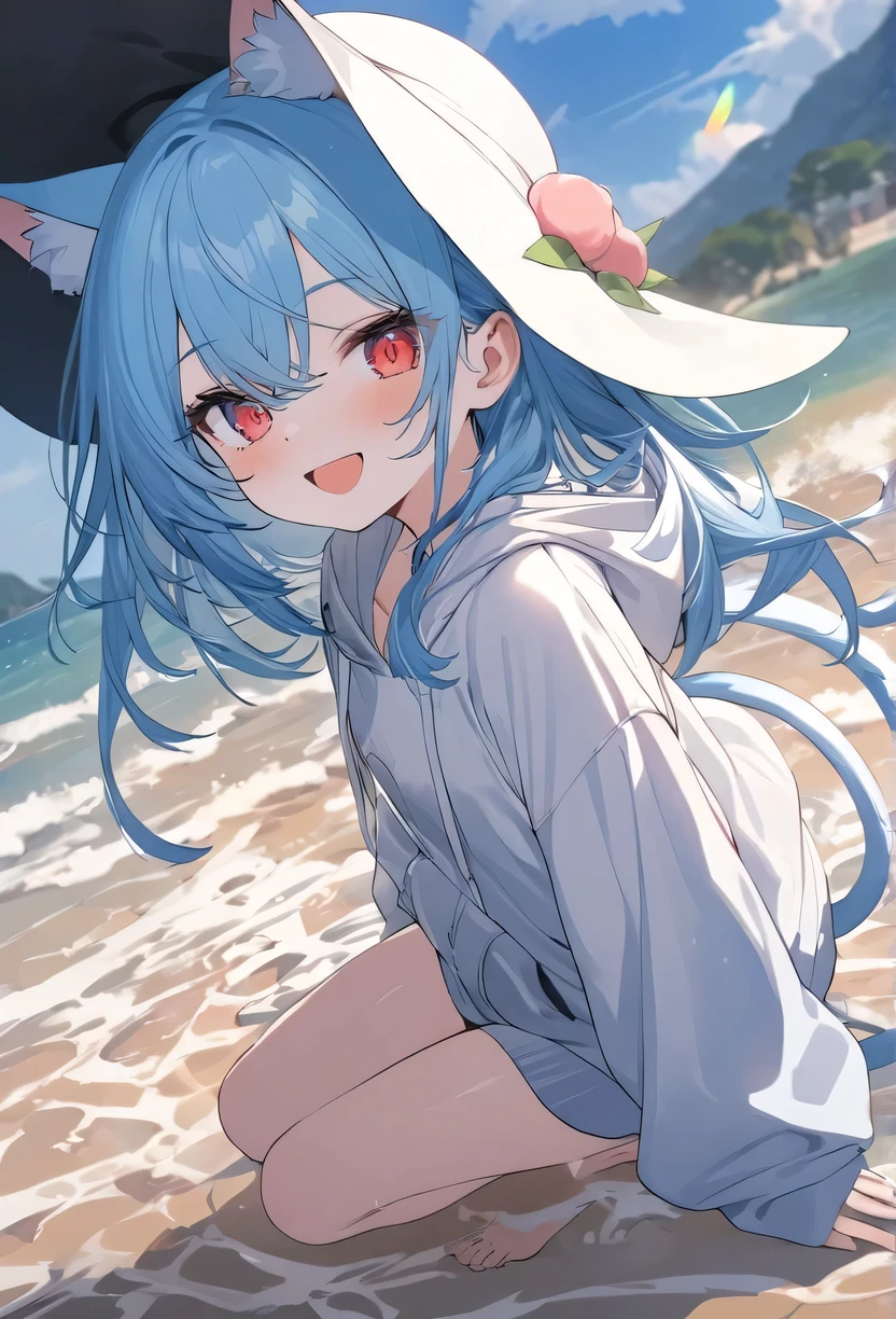 masterpiece,high quality, Best Quality ,official art,Beautiful and picky, Very Detailed (Fractal Art 1.2),Beautiful and colorful,Most detailed,a girl,Expressionless,long bangs, bright red eyes ,pale albinism,barefoot, Wear a plain white hoodie , Wear a jacket that doesn't fit the right size,Wearing a wizard hat ,cat ears. blush, open mouth, double tail, blue hair/water blue hair, looking at the audience , happiness/happiness, Smile,