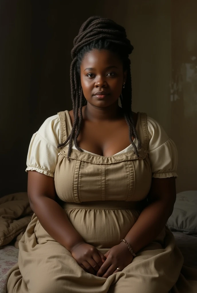 Photorealisitic. Beautiful face. dominating. black girl. cute. obese. Mixed-race girl, Madura. old woman. brown skin. sensuous. Very small and pointy breasts. Dreadlocks longos, many small tattoos. necklase, full body portrait hyperrealism. desk. charachter, chubby, Real, artistry, fot, fullcolor, realisitic, Master Pieces, Maximum quality, best qualityer, Atraente and aesthetic. serious look. crouched.