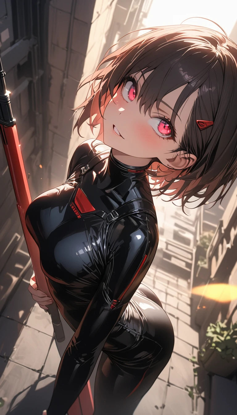 Latex girl lustful smirking smile red blush red cheeks, chain leash, hands behind the head, kneeling, shackles, leather black collar slave, pigtail hair