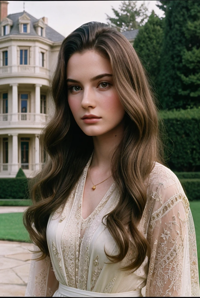 film still, 90s high class style, 1girl, wavy blowout  hair, pale skin, elite, classic, mansion background, Fujicolor, Photorealistic, Timeless Modern, Film Grain,Accurate, Anatomically Correct, Textured Skin, Super Detailed, bombshell hair, gucci