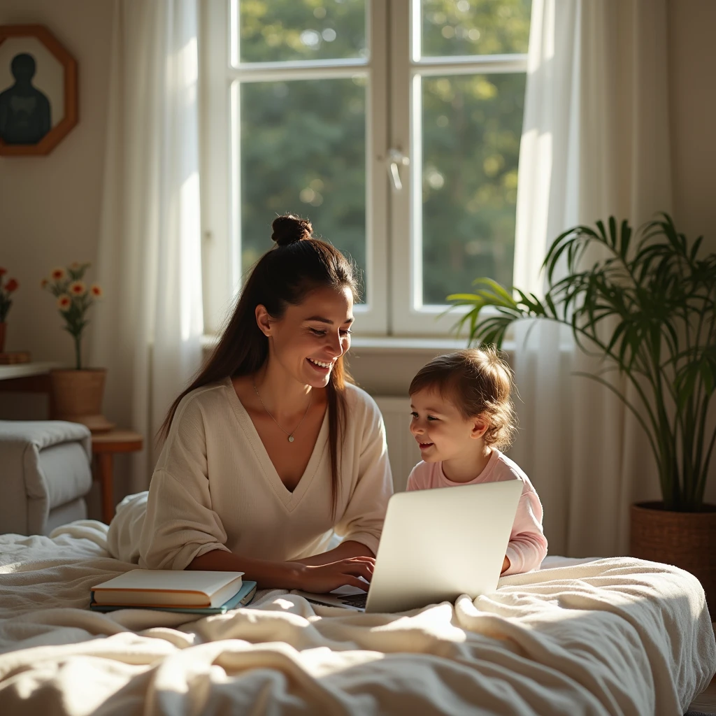 A mother working from home on her laptop with her baby on her lap. The mother has Latin features. Super realistic image with lots of details.