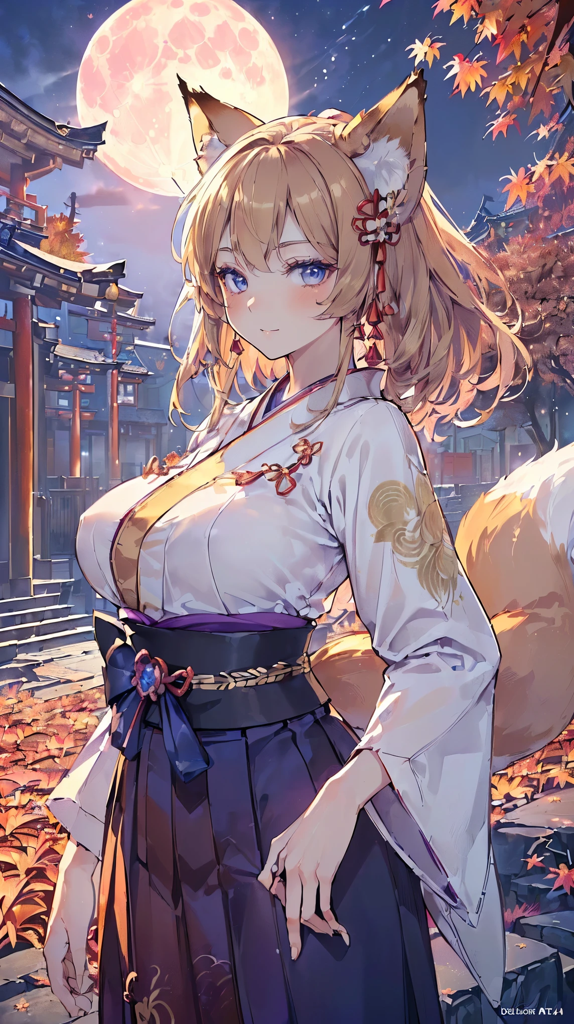4K、Cute fox spirit、Woman in her twenties、Fox Ears、tail、kimono、Big Breasts、valley、Blonde、Short Hair、whole body、Fantasy Forest、Expose the chest、はだけたkimono、Captivating look