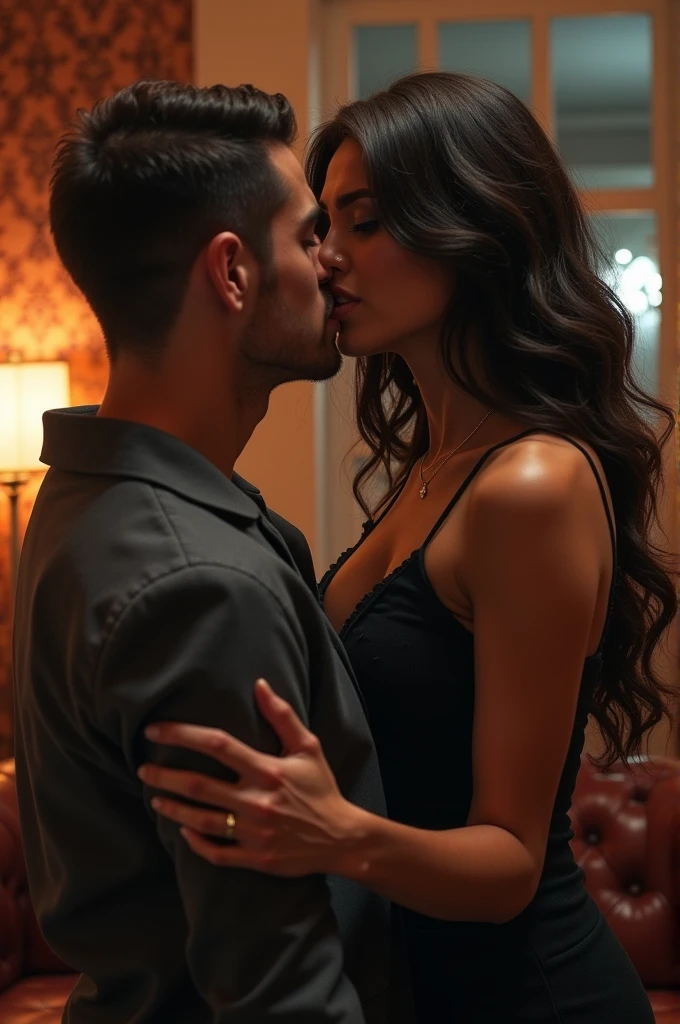 33-year-old blonde-haired man, well-built, beautiful, , with tattoos on his skin, making love, Passionately kissing a brown-haired woman wearing black lingerie