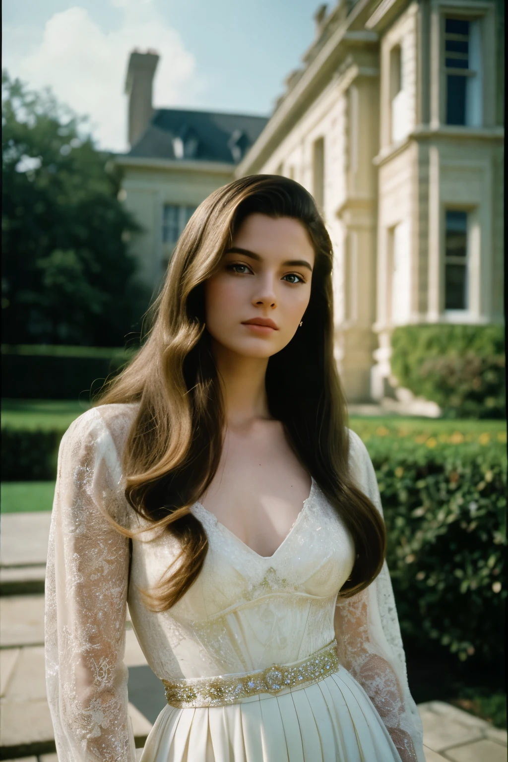 film still, 90s high class style, 1girl, wavy blowout  hair, pale skin, elite, classic, mansion background, Fujicolor, Photorealistic, Timeless Modern, Film Grain,Accurate, Anatomically Correct, Textured Skin, Super Detailed, bombshell hair, gucci