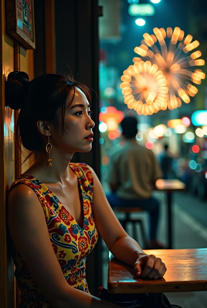 Photography, cinematic composition, movie of Wong Kar-Wai, photo take from front, close up of a young Asian girl sitting inside a secluded cafe, she wearing vintage long dress, she look outside the window, many fireworks outside the window,  vibe, intricate detail 