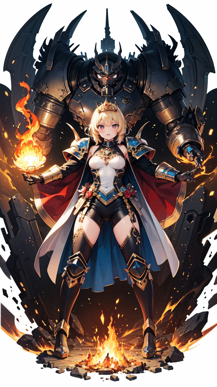 masterpiece,   best quality, Super detailed,   anime style, 混沌の悪魔姫のwhole body,    Wicked and Ominous Aura    ,    Luxurious Ultra Blue Power Armor, I was crowned with 。両腕teeth巨大な爪です, hole々teeth, Shiny golden hair,   High Heel Boots  , Warhammer 40K, Crowned with supernatural lightning and fire, ((Eight-pointed star symbol)), 8k high resolution,   Trending Art Station  ,   White background  , whole body,
