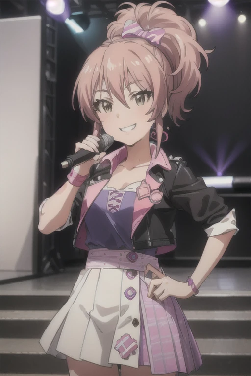 (((pixel-perfect, detail-perfect))), solo, 1girl, mika jougasaki, ponytail, earrings, jacket black, live stage, singing, mic, skirt black, grin, looking at viewer, smile