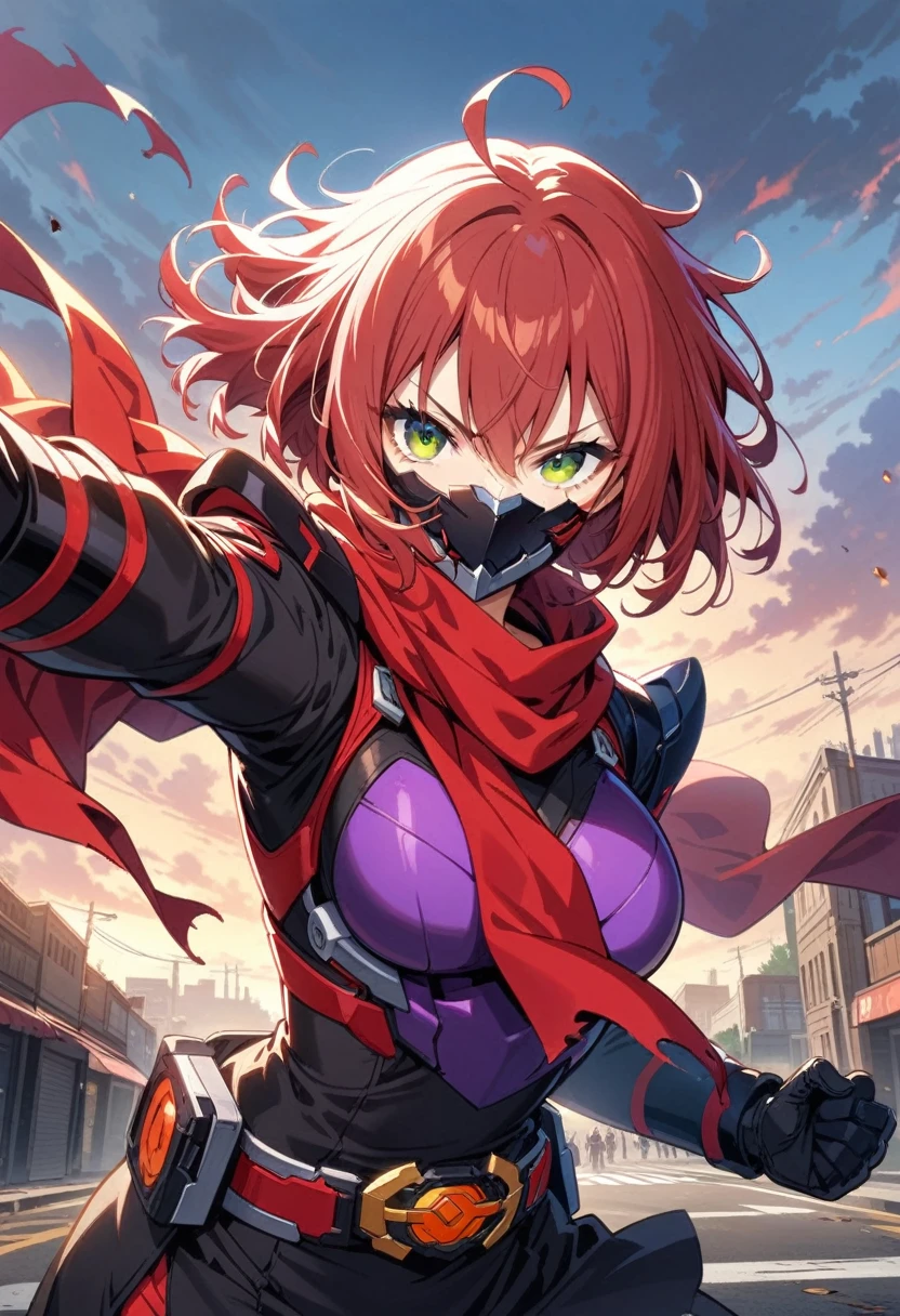 masterpiece,  best quality,  High Resolution , 非常にdetailedなCG,  1 girl, Transformation Heroine, Transformation Belt, ((red_hair)), Internal mechanism, Damaged mask,  (red_scarf), mecha armored, Roadshow, street, Combat Stance,  viewers, Hero Pose,detailed, Look at the sky
, concentrated, Portrait, image, 長いhair,  redhair , Green Eyes, 耳を覆うhair,  sophisticated and powerful appearance , exotic,masked rider, belt, whole body