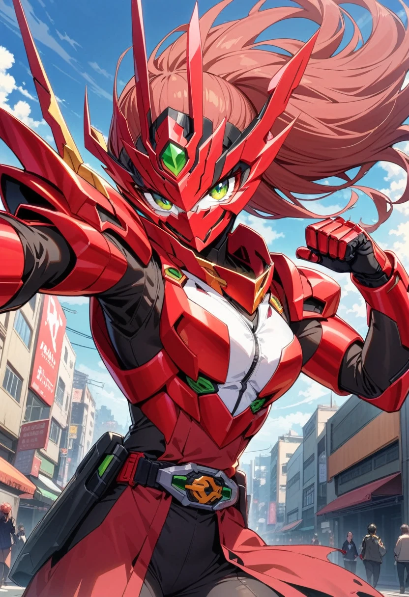 masterpiece,  best quality,  High Resolution , 非常にdetailedなCG,  1 girl, Transformation Heroine, Transformation Belt, ((red_hair)), Internal mechanism, Damaged mask,  (red_scarf), mecha armored, Roadshow, street, Combat Stance,  viewers, Hero Pose,detailed, Look at the sky
, concentrated, Portrait, image, 長いhair,  redhair , Green Eyes, 耳を覆うhair,  sophisticated and powerful appearance , exotic,masked rider, belt, whole body