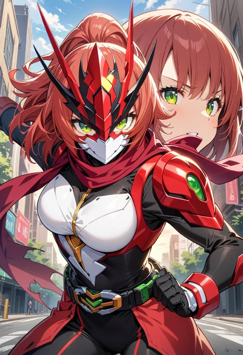 masterpiece,  best quality,  High Resolution , 非常にdetailedなCG,  1 girl, Transformation Heroine, Transformation Belt, ((red_hair)), Internal mechanism, Damaged mask,  (red_scarf), mecha armored, Roadshow, street, Combat Stance,  viewers, Hero Pose,detailed, Look at the sky
, concentrated, Portrait, image, 長いhair,  redhair , Green Eyes, 耳を覆うhair,  sophisticated and powerful appearance , exotic,masked rider, belt, whole body