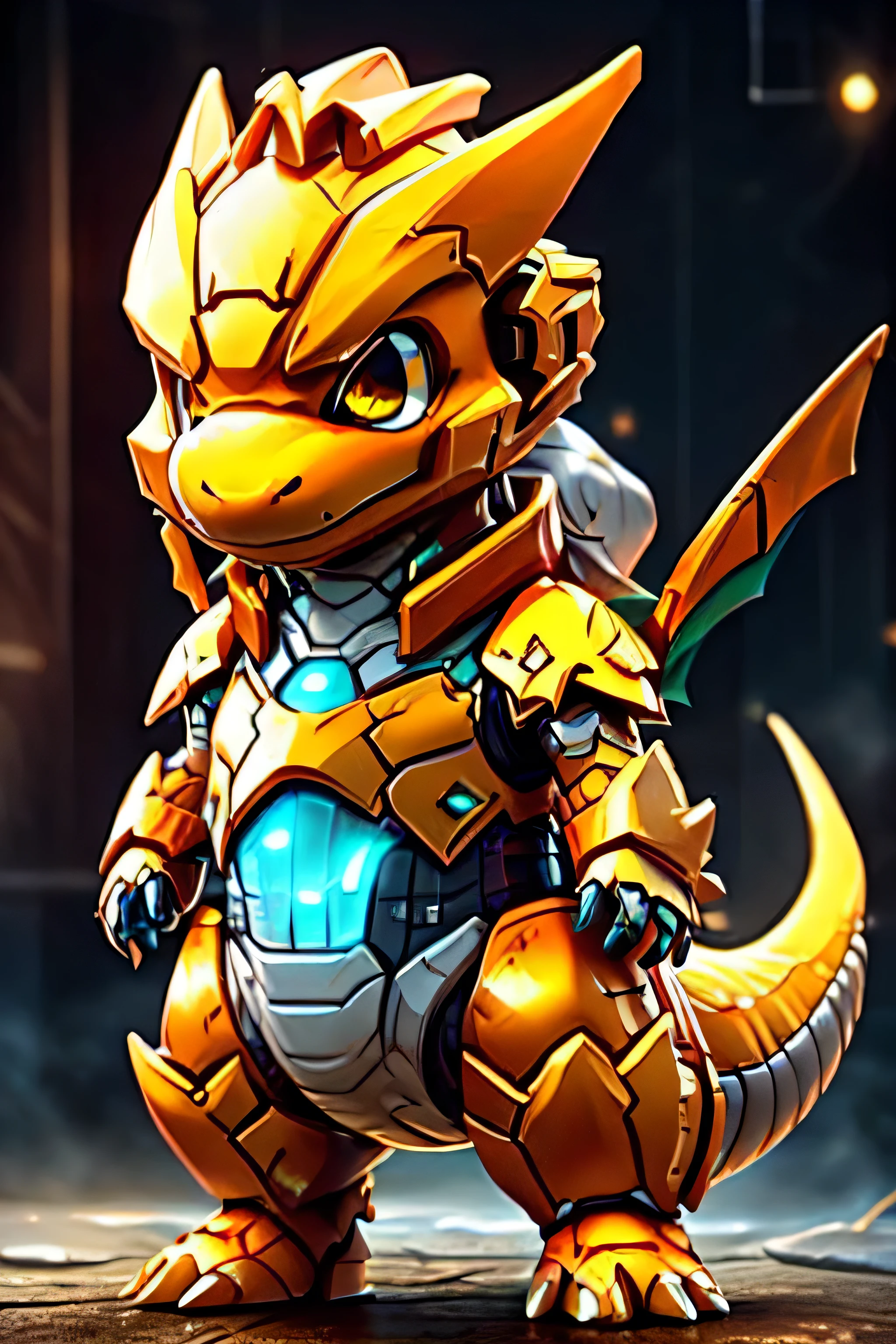 guchen,,chibi, gold eyes,,glowing,Sci-Fi,Neon Lights,Hyper Real,Photorealistic,16K,high detail,high resolution, ((light orange armor)), dragonite design, ((orange skin)),dragon helmet, dragon wing, 