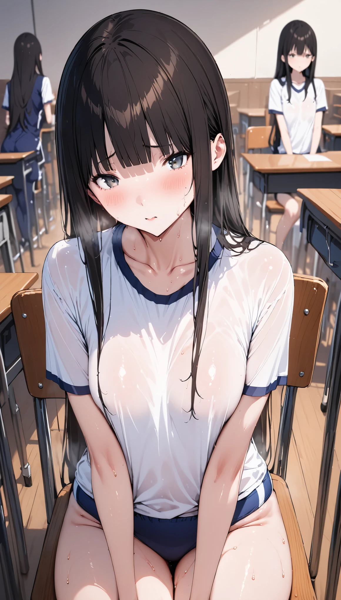 nsfw,alone, (One girl), -year-old, ((全naked)), (n）,  s, (Cowboy Shot),  ((Put your arms behind your head)), classroom, With a girl：Her hair is long and black, Her face is round and cute, Black Hair, Low twin tails,(Shy, Embarrassing),(Sit on a chair)、Spread your legs、Beautiful nipples,Small breasts、(bukkake,Bukkake),((Pee、Urinating、peeing)),