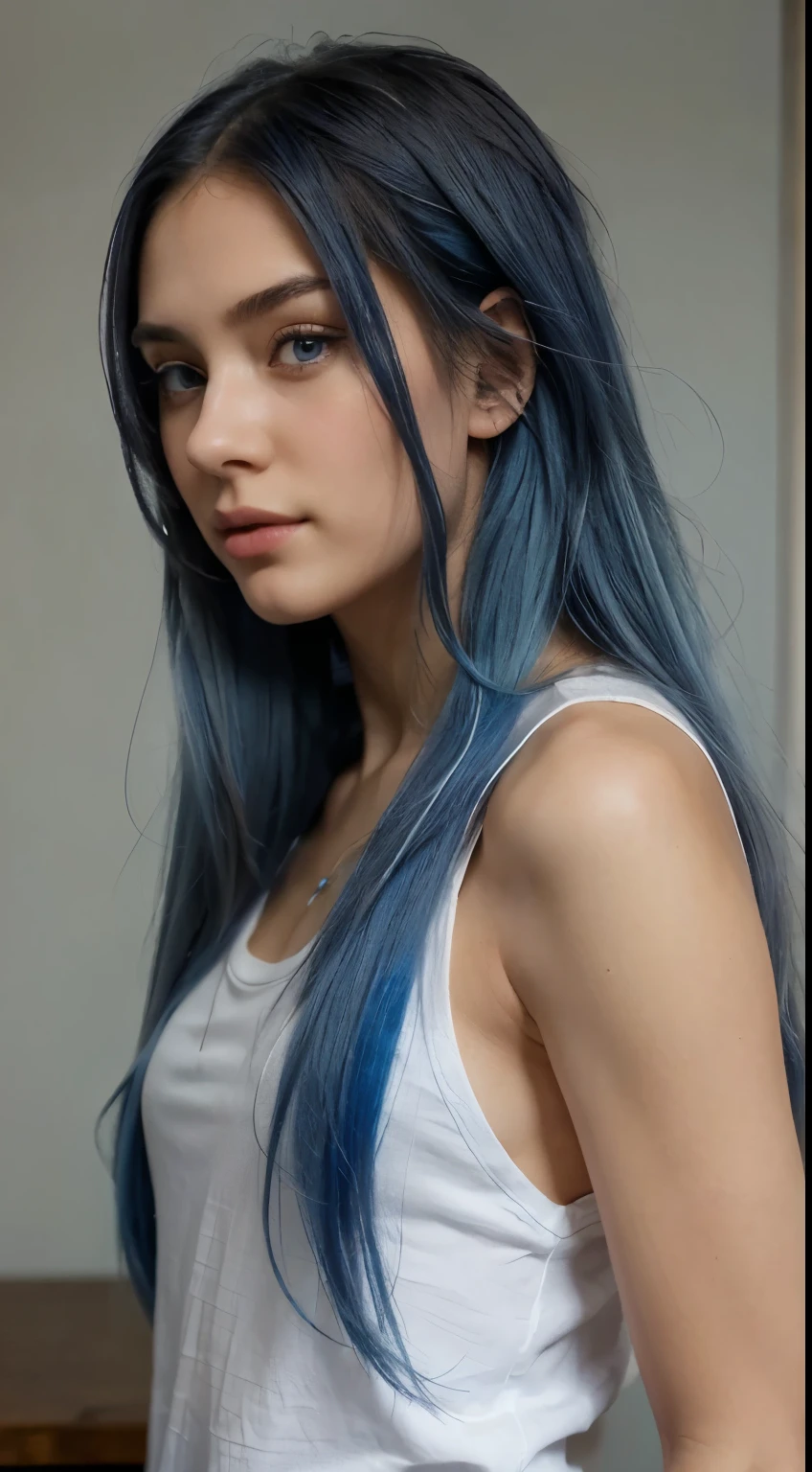 8K, Top Quality, Intricate Details, Ultra Detail, Ultra High Resolution, Masterpiece, close up shot, face shot, close up shot, shot from behind, (, )) (()), (Looking back), (full body: 1.1), Slender, Smile, smirk, detailed face, (Makeup: 0.4), ,(( bangs, blue eyes, blue hair, bangs, , )), (Fluffy Eyes: 1.21), (()), 1girl, solo, 1 girl, (()), close up shot, , ((tall)), (((fit body))), (((slim face))), sharp face, ((walking pose)) ,(detailed face), sharp face, small lips, smirk, smile ,(( ass , butt cheek,)) ,, ,
((, , wind blow hair, )), , ((naked, nude, )), detailed face, detailed breast, large breast, huge breast, detailed ass , large ass, huge ass detail nipples ,, Narrow Waist, Skinny, tall , 190 cm tall, Muscular, Navel, Exposed Abdomen, Pointed Chest,, Beautiful girl with accentuated slender abs: 1.4, Six Pack Abs: 1.4, , Perfect Body, detail legs, (( dark background)), black background,