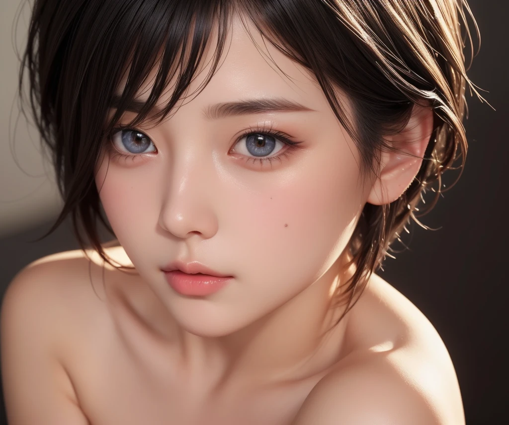 photorealistic, Photography ,BREAK, short hair woman, taking a (selfie:1.5) , (white T-shirts and denim pants), on the sofa in simple bedroom , white background, (short hair), BREAK, 8k , LAW , best-quality, masterpiece, hyper realistic detail shiny skin , natural shading , realistic shadow, BREAK (hyper realistic detail shiny skin, detailed skin, detailed hair, ultra sharpness, intricate details), perfect anatomy