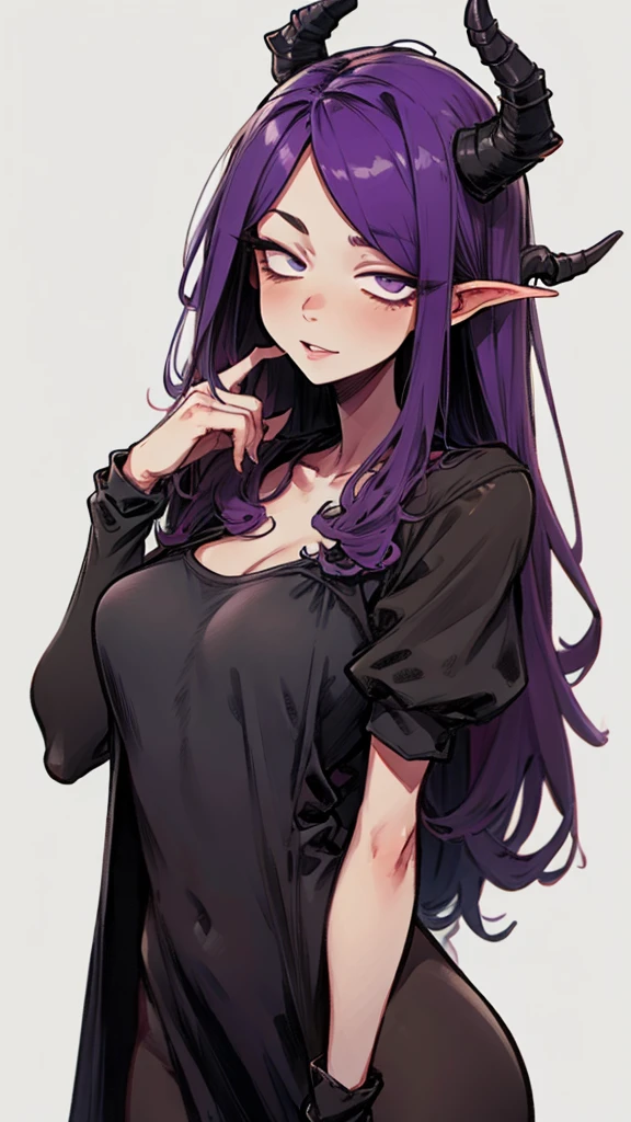 Tiefling Girl, purple hair, gray horns, high