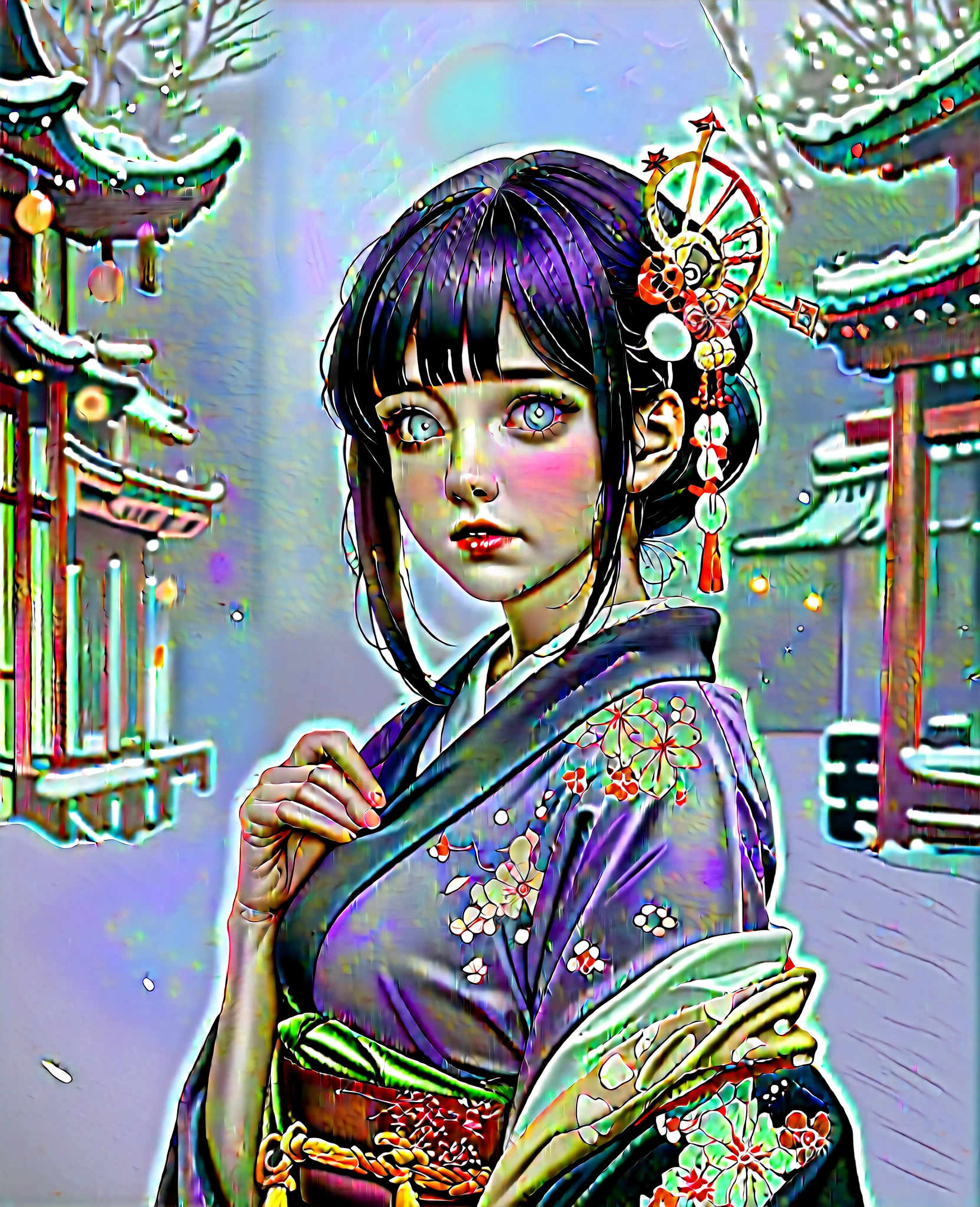 Japanese shinto shrines in snowy landscapes, Early morning of New Year's Day, (Hinata_Hyūga, A beautiful Japanese girl in a kimono for New Year's celebration, solo, floral print, hair ornaments), masterpiece:1.2, best quality, 8k, RAW photo, (realistic, photo-realistic:1.4), cowboy shot, Like a Japanese Idol, Extremely cute, elegant, Slightly bewitching, parted lips, glossy skin, cinematic composition, professional warm lighting and shading, extremely detailed eyes and face, eyes with beautiful details, insanely detailed beautiful realistic skin texture, (correct body balance, accurate hands, accurate eyes)