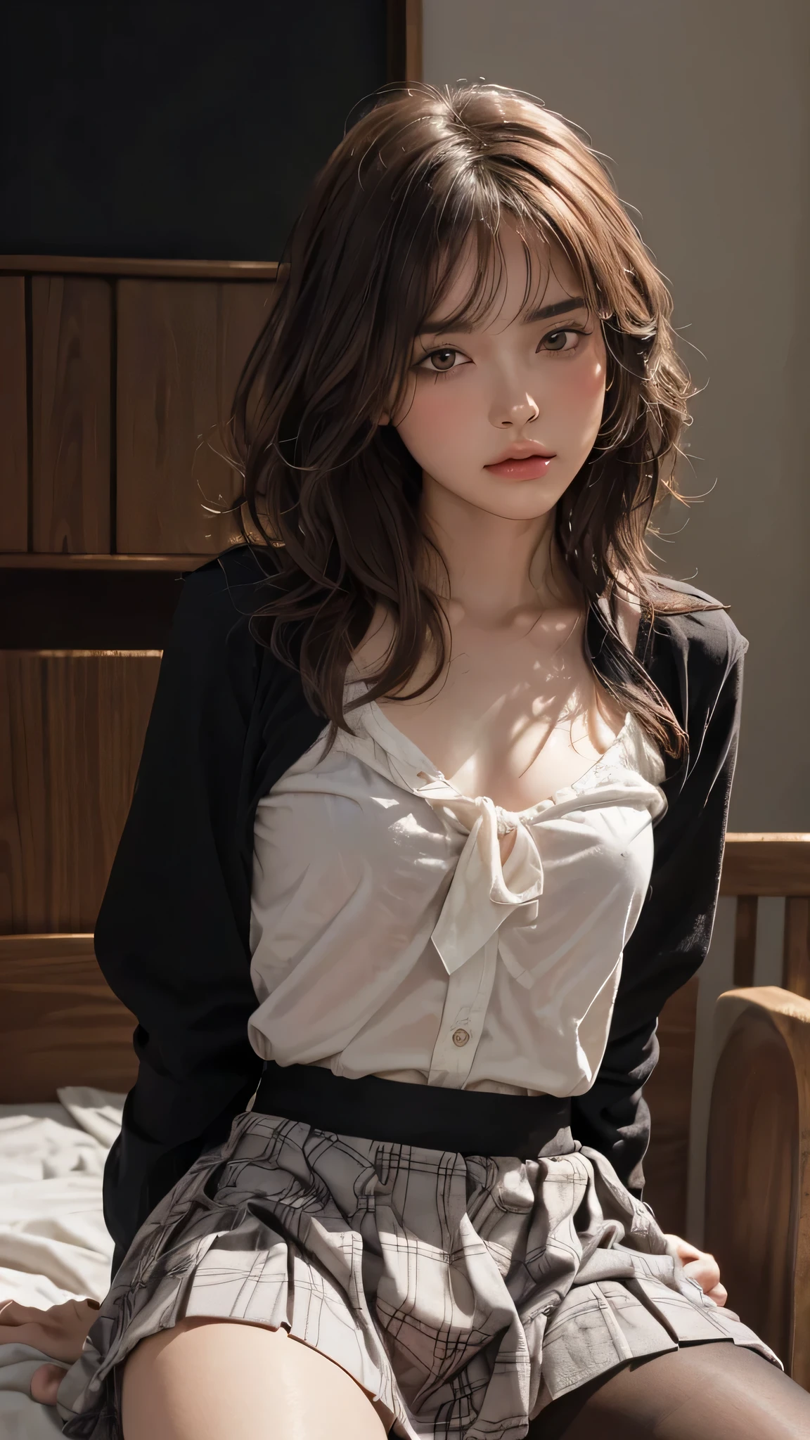 ((Wavy Short Hair)), (smooth hair:1.4), Long Bangs, (she is attempting viewer:1.4), Night bedroom background, (masterpiece, Highest quality, In 8K, 32K, masterpiece, Hmph, Super huge ,Ultra-high resolution, Impressionism, Photorealistic:1.2), Cowboy Shot, Sharp focus, Beautiful face with detailed face and eyelid background、Glowing Skin、Sharp pupils、Realistic eyes and beautiful face、Blurred Background、18 year old beautiful girl、Glowing Skin, (pale skin:1.4), (((Beautiful brown hair)))、Iris、(((Long sleeve white blouse)))、(((Checkered Pleated Skirt)))、(Knee-length skirt、I see a very small white scanti:1.45)、Thighs Thighs Thighs Thighs、curve、Dynamic pose、Powerful composition、((Melancholic expression))、((A look of contempt))、((Glaring at the audience))、sweating、((Brown Hair))、((Source Order))、(Small Mouth)、Skirt rip, (Grabbing the skirt:1.4), (no pan:1.4), (no panties:1.4), (no bra:1.4), (no brassieres:1.4), nipples_pointing_upwards, (dripping love juice from pussy:1.2), pubic hair, (black pantyhose:1.2), blush, Sweat, be shy,