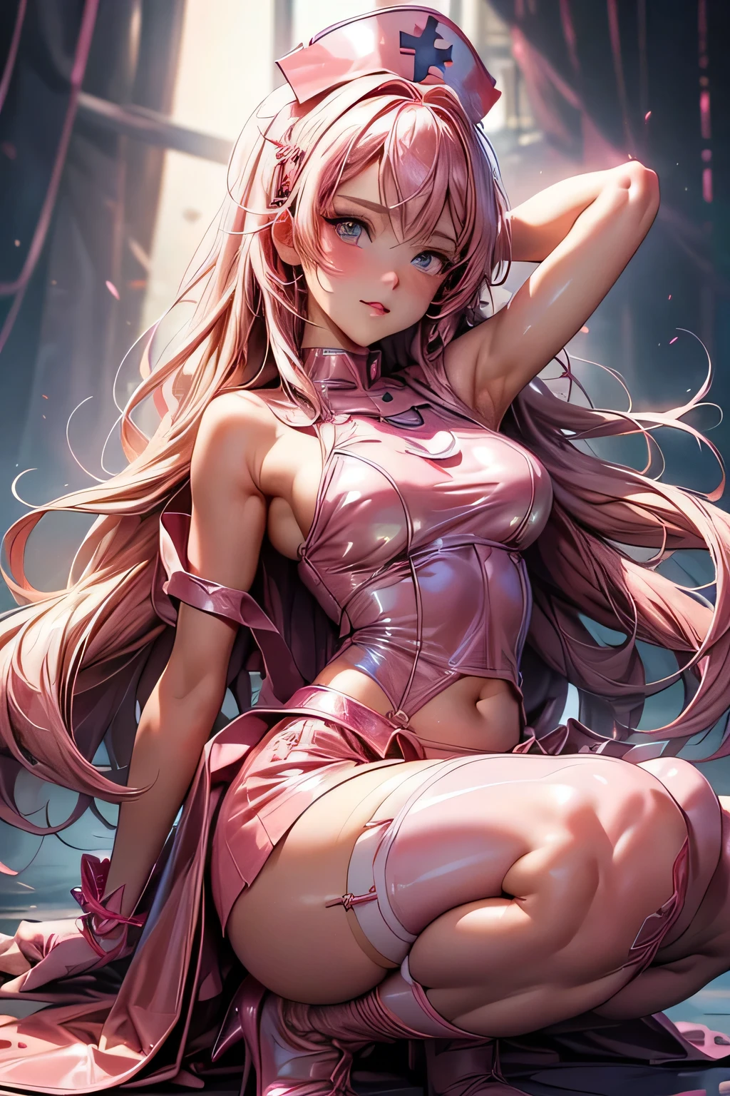 Zero Two, long hair, pink hair, red horns, long flowing hair, floating hair, ornament hair, perfectly body, perfectly hands, dark pink rose on hair, maid, maid dress, maid headdress, maid apron, white apron, on street, petals in the air, blossom peach tree, centered girl, maid dress, red dress, more details on her clothes, dress with transparency, golden details, daylight, smiling, cape, ((4k, masterpiece, top-quality)),8k, best quality, high resolution, HD, (illustration:0.8), super cute girl, delicate and beautiful face, 1girl, solo, mature girl, super cute hairstyle, (beautiful detailed eyes:1.6), extremely detailed face, perfect lighting, extremely detailed CG, (perfect hands, perfect anatomy), Best quality, cleavage, small skirt, full Body,