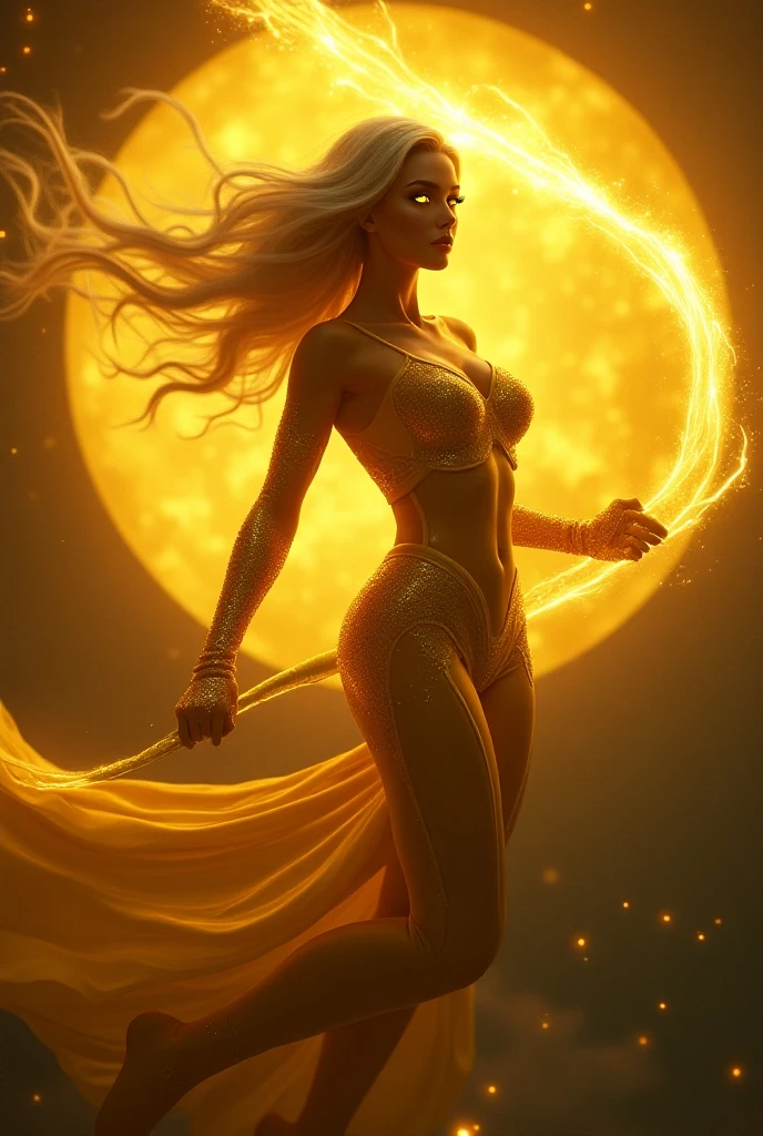 Miriam, in a golden glow, became Kitsune, the nine-tailed fox. Her golden fur shone with a magical aura., and its nine tails moved with agility and grace. Waking up in his new form, Kitsune felt the power of magic flow through her and carefully observed the surroundings with her keen perception..
