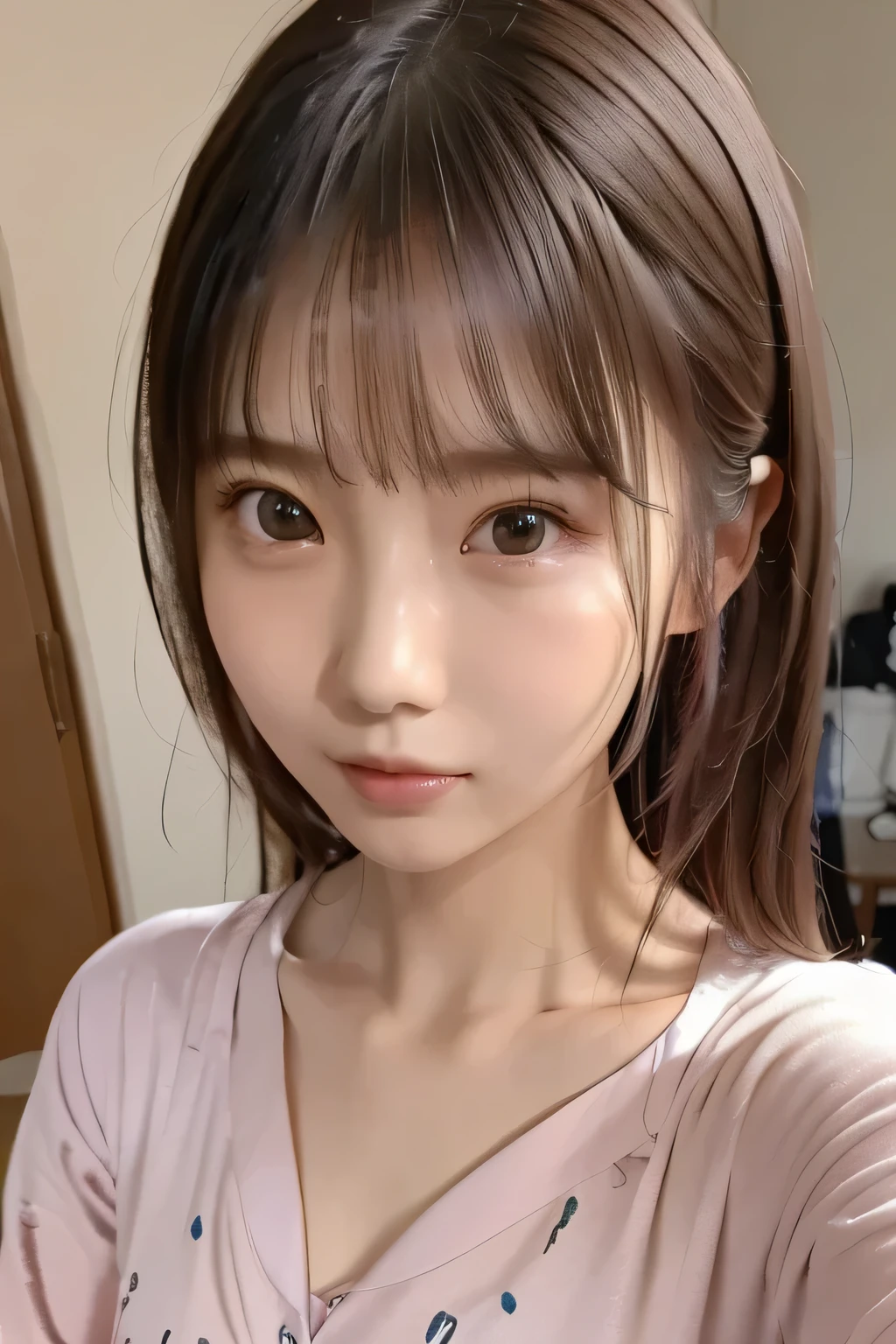 masterpiece、 super high definition、Ultra-detailed、Best Quality、girl、solo、(slim、Slender、cute)、(Face Shot) 、(No makeup)、pajamas、Messy Hair