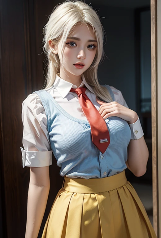 wearing short skirt、Alafid asian woman wearing bow tie sitting on train, cute schoolgirl, japanese schoolgirl, wearing japanese school uniform, japanese school uniform, a hyperactual schoolgirl, Dress up as a schoolgirl, hyperactual , Wearing school uniform, actual , girl wearing, Wearing school uniform, A pose, whole body, good skin, glowing skin, beautiful thighs,glowing thighs, Glowing legs, (best quality, 8k, high resolution, lifelike:2.0), (alone, a girl:2.0),(light: front),(light: strong),(ultimate beautiful girl:2.0),(very muscular girl:1.5),(shiny skin:1.5),(oily skin:1.5),(platinum blonde:1.5),blush brown makeup , (big  eyes girl:1.5),(Emphasize cleavage),((big breasts)),(Slobber),(Fully open your thighs to the audience:1.6),((Astonishing)),((Lie on your back on a clean bed，lean on a big pillow.)),(spread your legs to:1.5),(Open your thighs boldly:1.5),(Spread your legs boldly:1.5),(ordered to spread legs:1.5),(Providing sexual services to viewers:1.2),(Have a good attitude towards the audience)