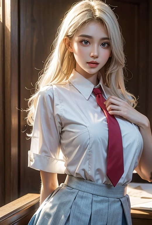 Realistic, Photorealistic: 1.37, Masterpiece, Colorful, Fine Indidel, Big, Beautiful Skin, Fair Skin, One Woman, (20 Years Old Beautiful Korean Woman: 1.1), (KPOP Idol, Mixed), (Caucasian and Mixed), Western Face, Ultra High Definition, (8k, RAW Photo, Best Quality, Masterpiece: 1.2), Rich Bust, Beautiful Eyes, (50mm Sigma f/) 1.4 Zeiss lens, f1.2, 1/800 sec, ISO 100, photo: 1.1), (ponytail + blonde: 1.2), (realistic: 1.4), bokeh, sharp, (photorealistic), live action photo, solo, top quality, very beautiful face, very beautiful eyes, beautiful detailed eyes, floating hair, (school uniform, sheer light shirt blouse, Very short mini skirt, pleated skirt, white panties, thin, super beautiful legs, tall, slim legs, (thigh gap), (panties), (model: 1.2), smile from the front: 1.1, dynamic pose, (makeup: 1.2), sitting