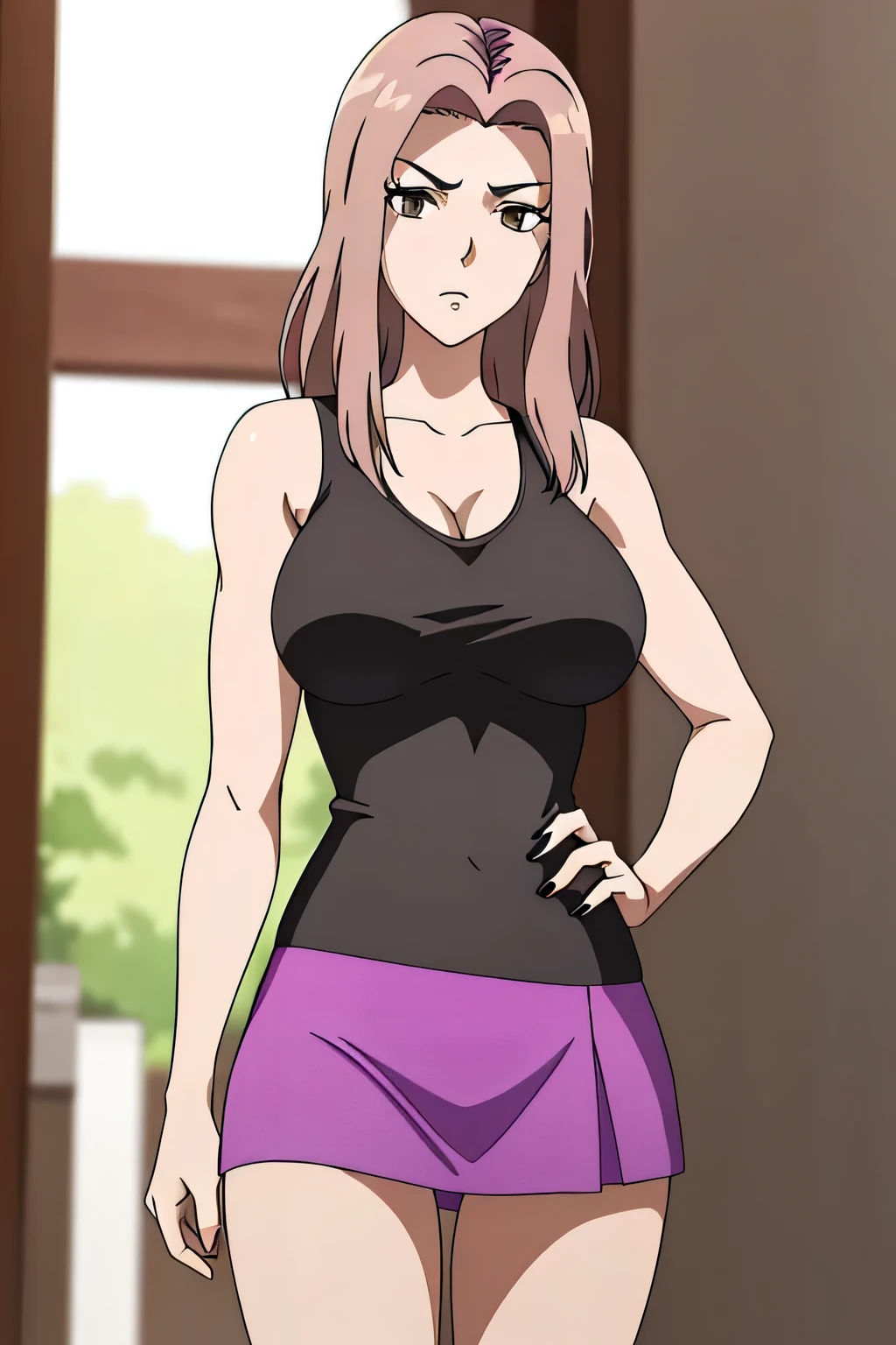 masterpiece, Best Quality,  High Resolution , 1woman, Close-up of a woman with long purple hair, Brown eyed woman, Alone, Classic Women, Big Breasts,  Woman with Very Large Breasts , Made by Anime Artist Studio, Boobs, clothing: black tank top, collarbone, Women Romance, Anime Style, Muscular Woman,  Skin Tight Tank Top , Feminine and muscular, Attractive anime woman, Tall Woman, Adult sex appeal, Wearing a tight skirt, Anime dick!!!!, tanktop with an black, Bare shoulders, Bare Arms,  cowboy shot, looking at viewer, Female focus,
