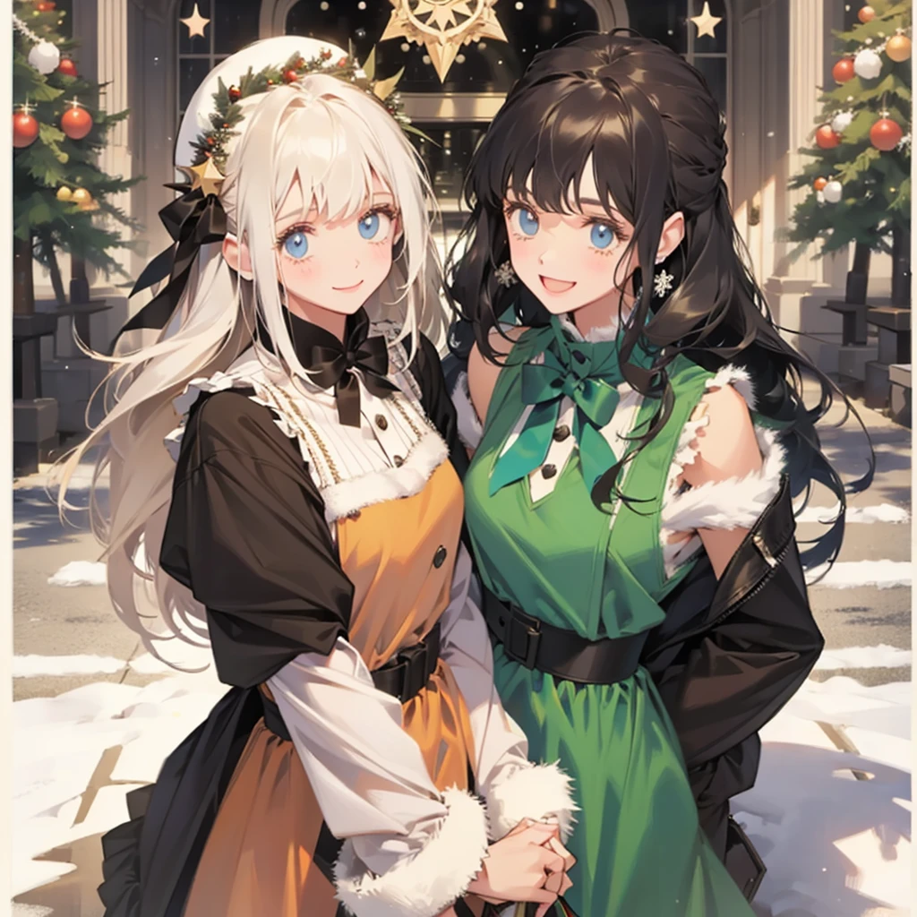 duo A beautiful woman with short silver hair and blue eyes Beautiful woman with pastel purple wavy long hair Christmas santa