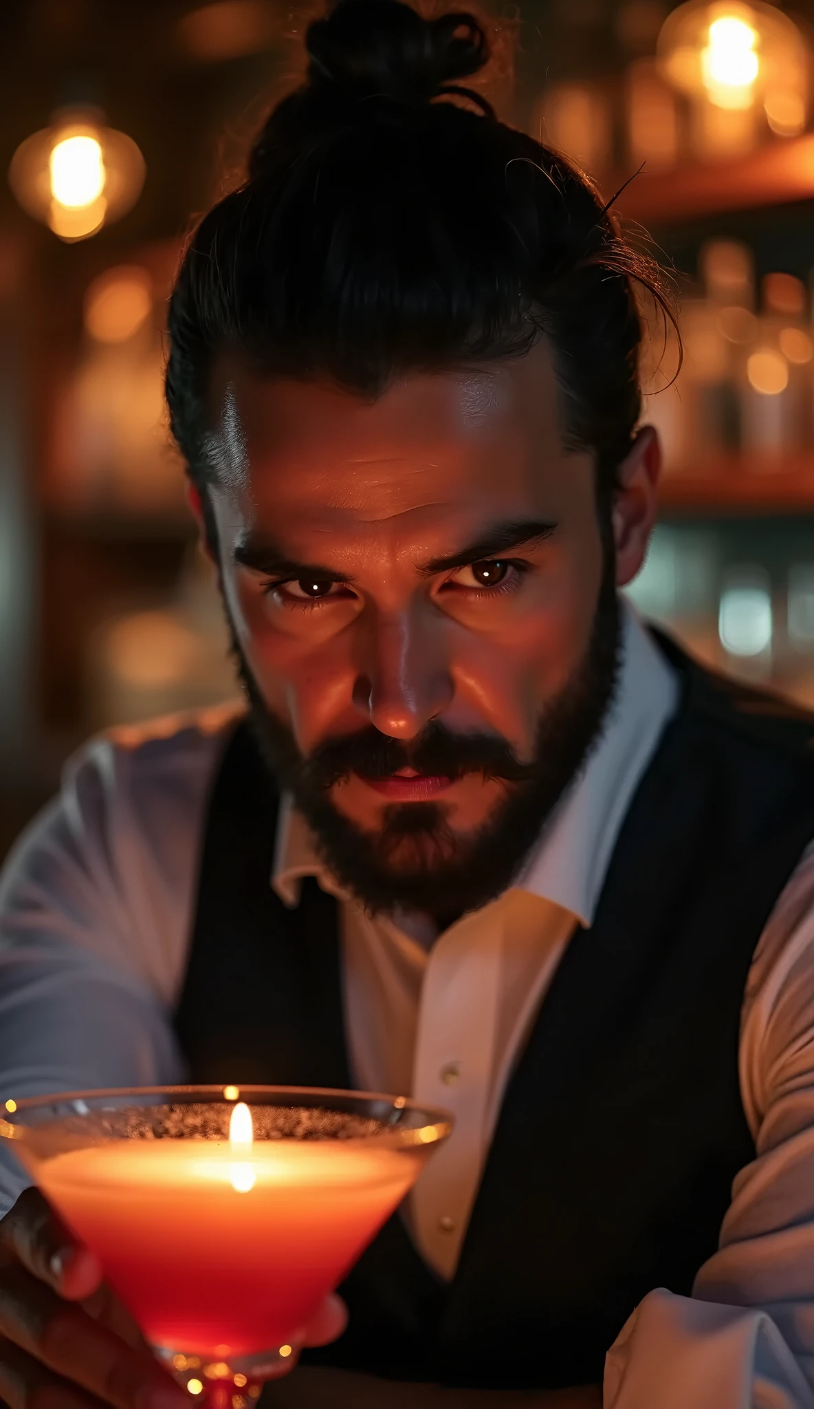 a beautiful bartender with black slick-back hair and a beard, serving a glowing cocktail under the soft orange lighting of a night bar, close-up portrait of the bartender and the cocktail with bokeh lighting effects, highly detailed, photorealistic, cinematic lighting, studio lighting, shallow depth of field, elegant, chiaroscuro, dramatic