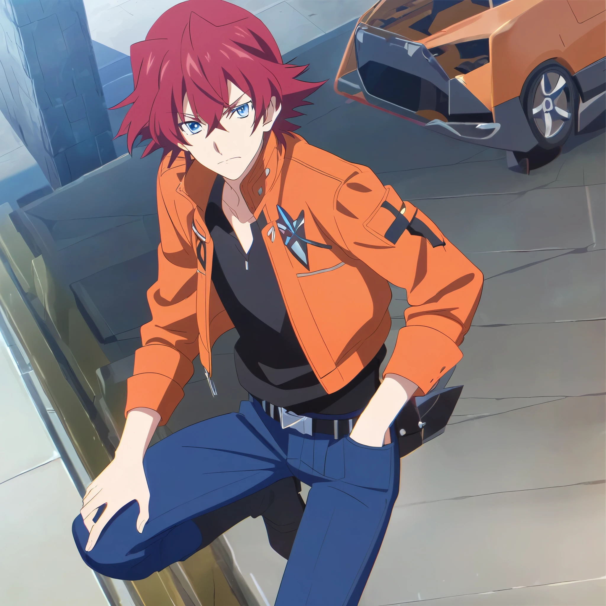 Red hair, Blue eyes, Male, Boy, Cross Ange Styles, 1Male, Anime, Black shirt, Orange jacket, Black belt, Blue long pants, Leather shoes, Anime styles