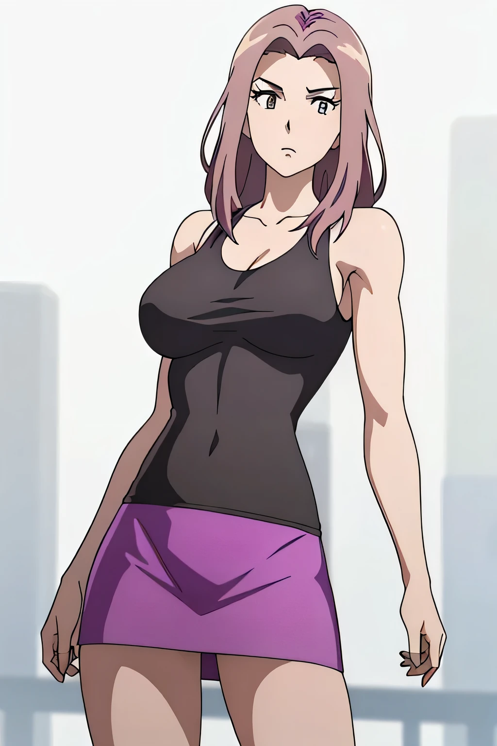 masterpiece, Best Quality,  High Resolution , 1woman, Close-up of a woman with long purple hair, Brown eyed woman, Alone, Classic Women, Big Breasts,  Woman with Very Large Breasts , Made by Anime Artist Studio, Boobs, clothing: black tank top, collarbone, Women Romance, Anime Style, Muscular Woman,  Skin Tight Tank Top , Feminine and muscular, Attractive anime woman, Tall Woman, Adult sex appeal, Wearing a tight skirt, Anime dick!!!!, tanktop with an black, Bare shoulders, Bare Arms,  cowboy shot, looking at viewer, Female focus,