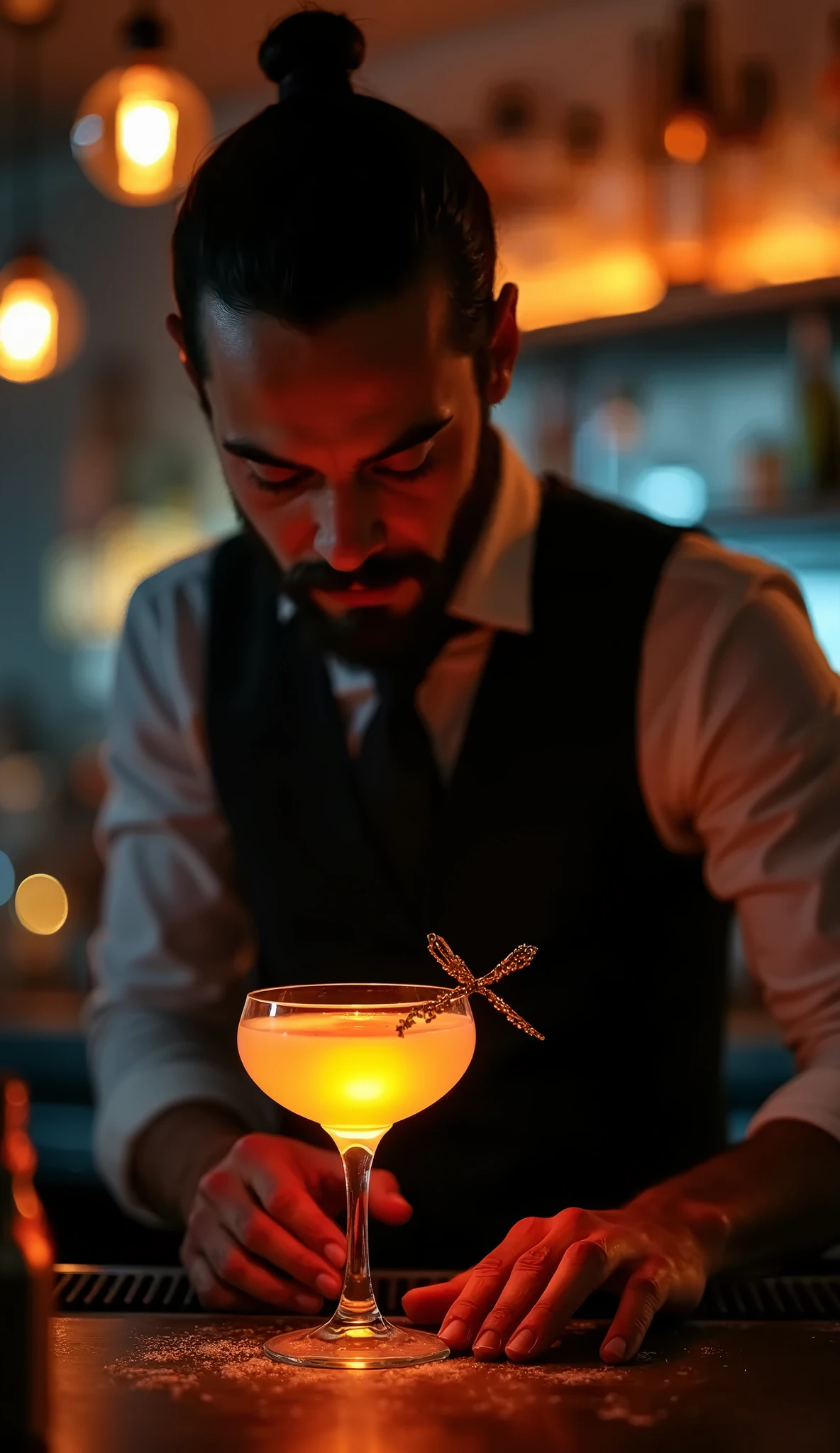 a beautiful bartender with black slick-back hair and a beard, serving a glowing cocktail under the soft orange lighting of a night bar, close-up portrait of the bartender and the cocktail with bokeh lighting effects, highly detailed, photorealistic, cinematic lighting, studio lighting, shallow depth of field, elegant, chiaroscuro, dramatic